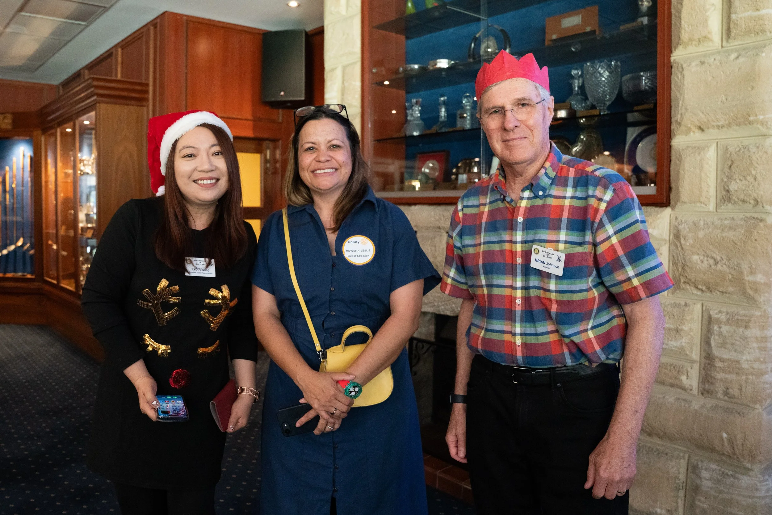 Lydia Wong, guest speaker Rowena Leslie, and Brian Johnson catching up.