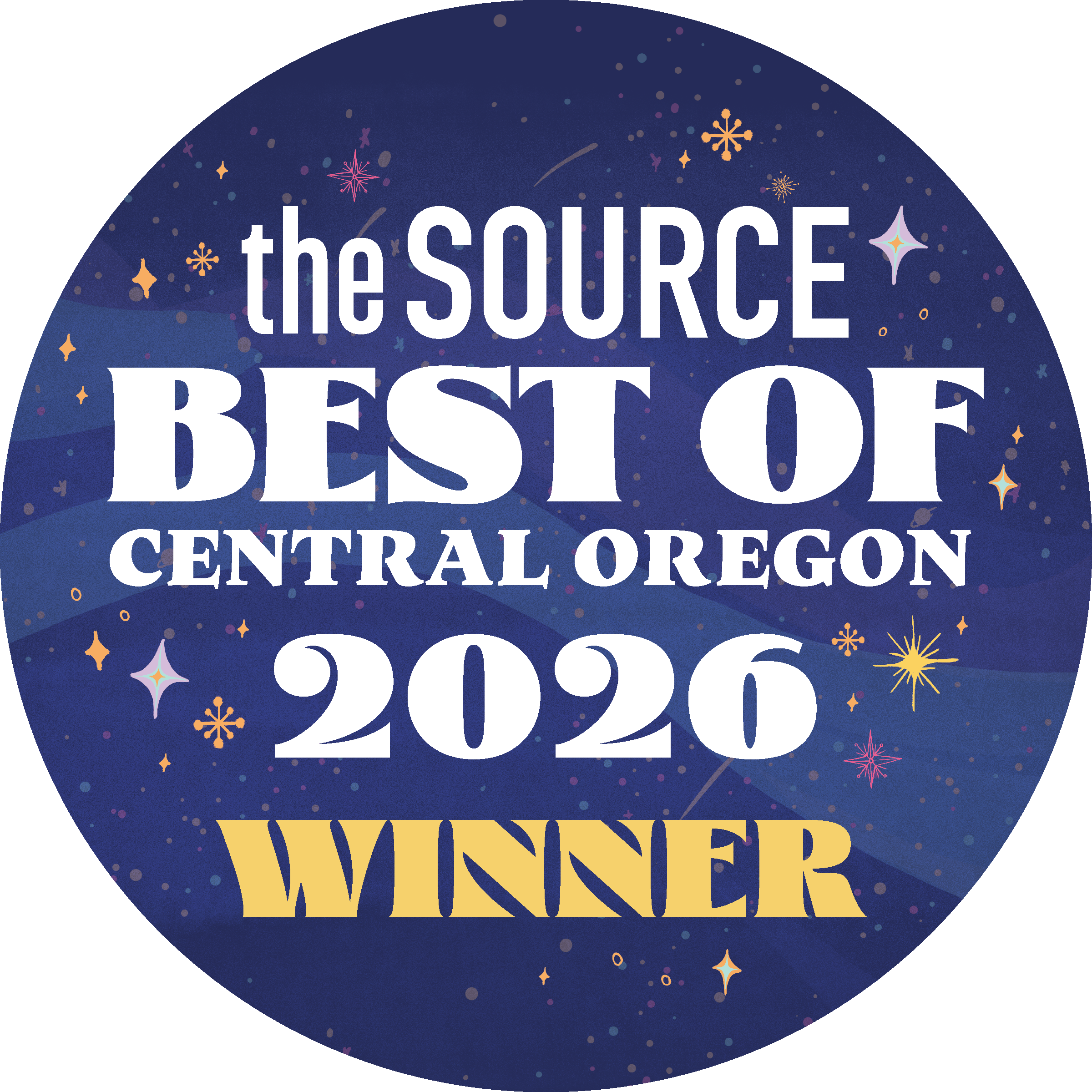 Celebration poster  for best of central Oregon winners on a dark blue background with colorful stars, sparkles, and abstract shapes.