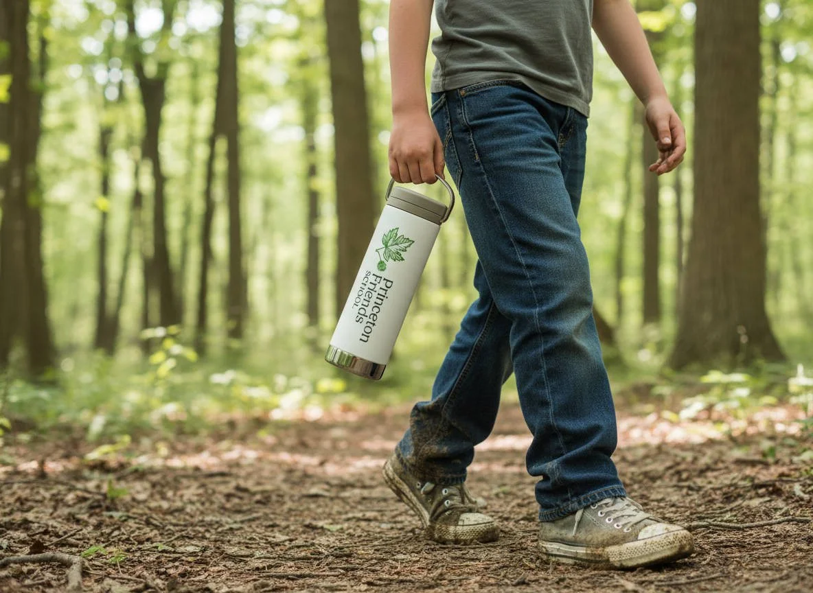 Boy walking through the woods holding white water bottle with Princeton Friends School logo.