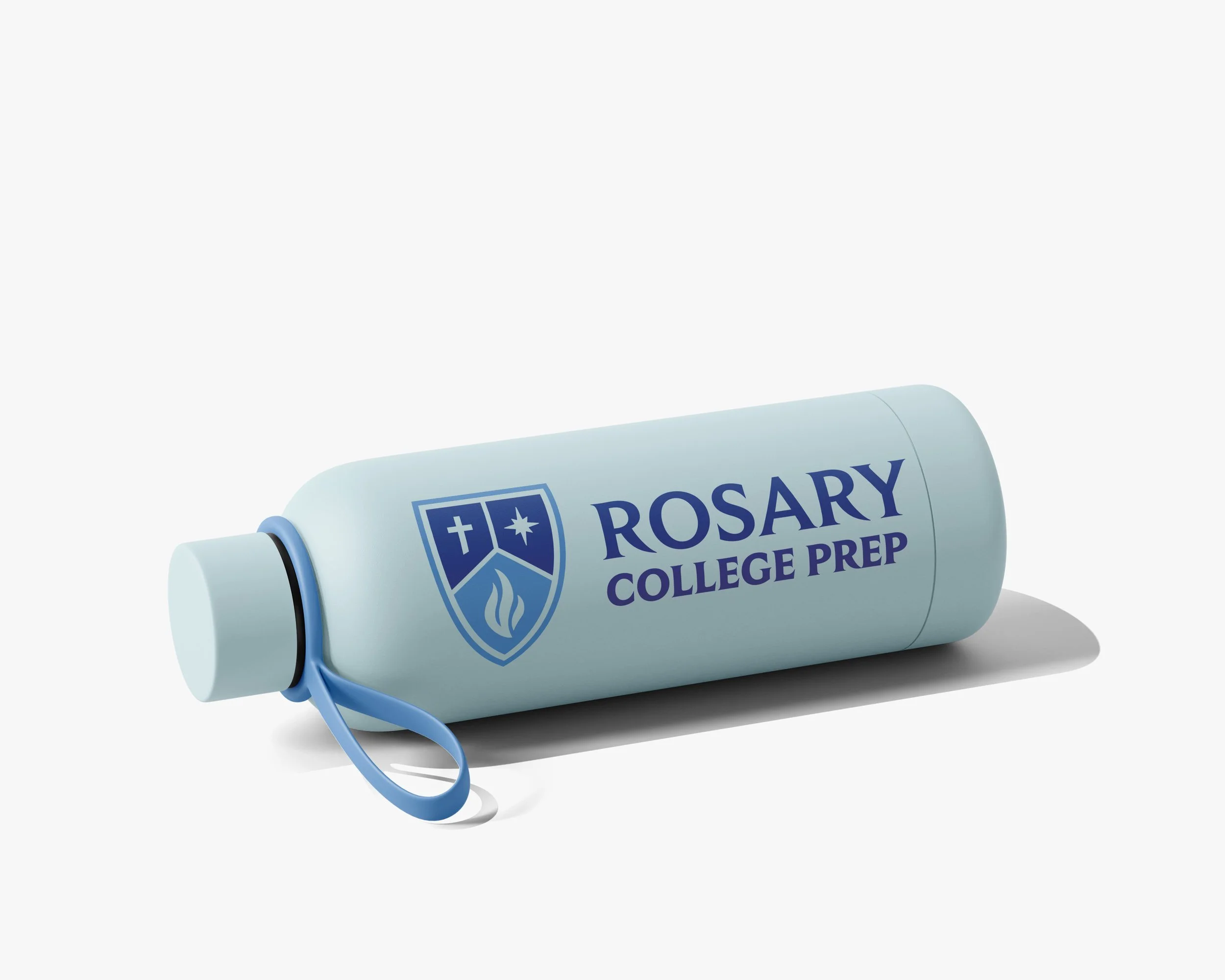 Light green blue water bottle featuring horizontal logo for Rosary College Prep. Features shield logo with typography.