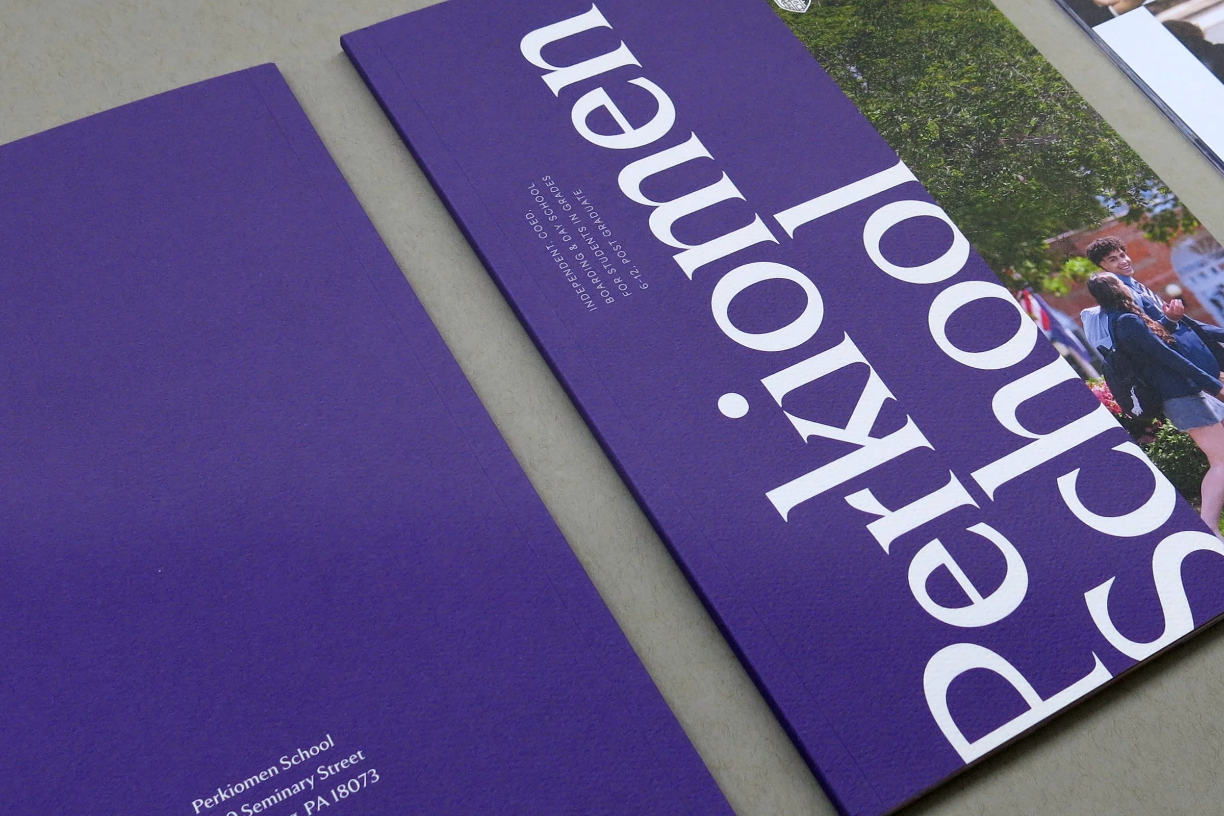 Perkiomen School viewbook cover, back cover, and inside back cover. Purple background and large, white typography.