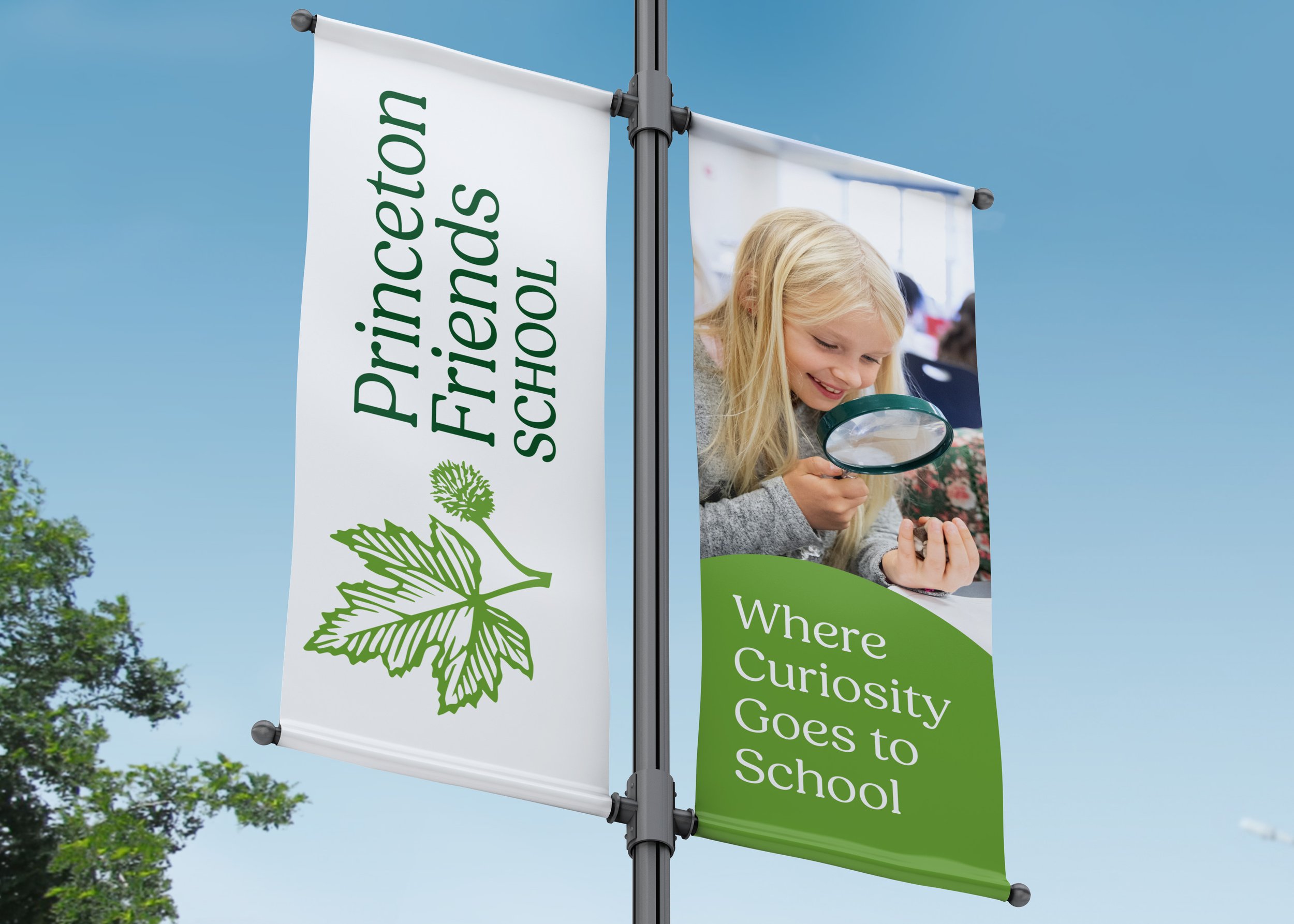Two banners showing a student looking through a magnifier and the Princeton Friends School logo.