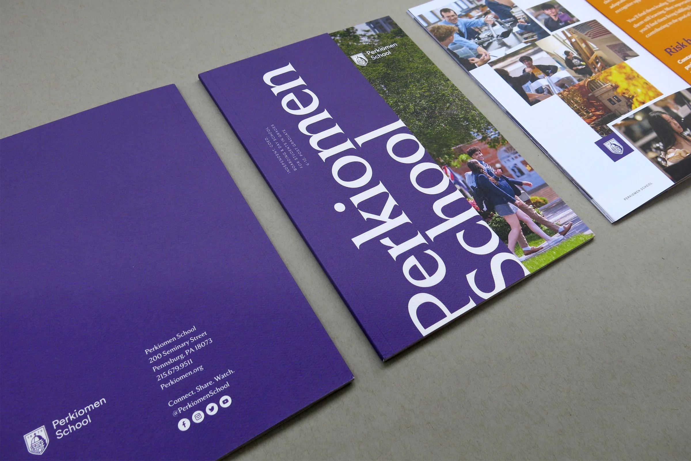 Perkiomen School viewbook cover, back cover, and inside back cover. Purple background and large, white typography.