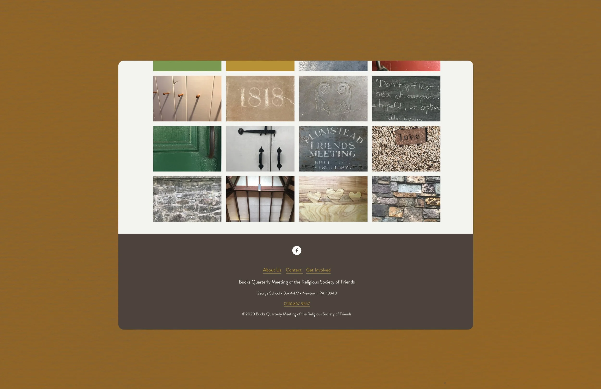 Screenshot of a website for Bucks Quarterly Meeting of the Religious Society of Friends, showing a collage of 12 photographs including nails, chalk writing, door handles, stones, and wooden hearts, with contact information and social media links at t