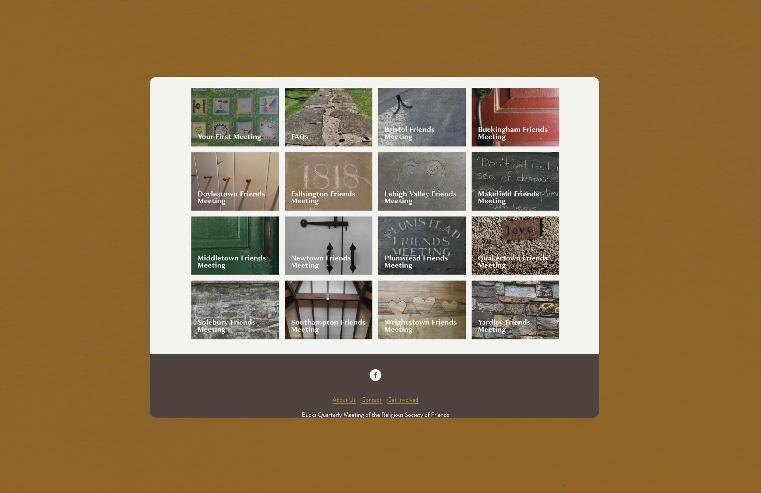 A webpage displaying a grid of 15 tiles, each showing a different community or friends' meeting group with indoor and outdoor images and text labels, such as 'Your First Meeting,' 'FAQs,' and various town names.