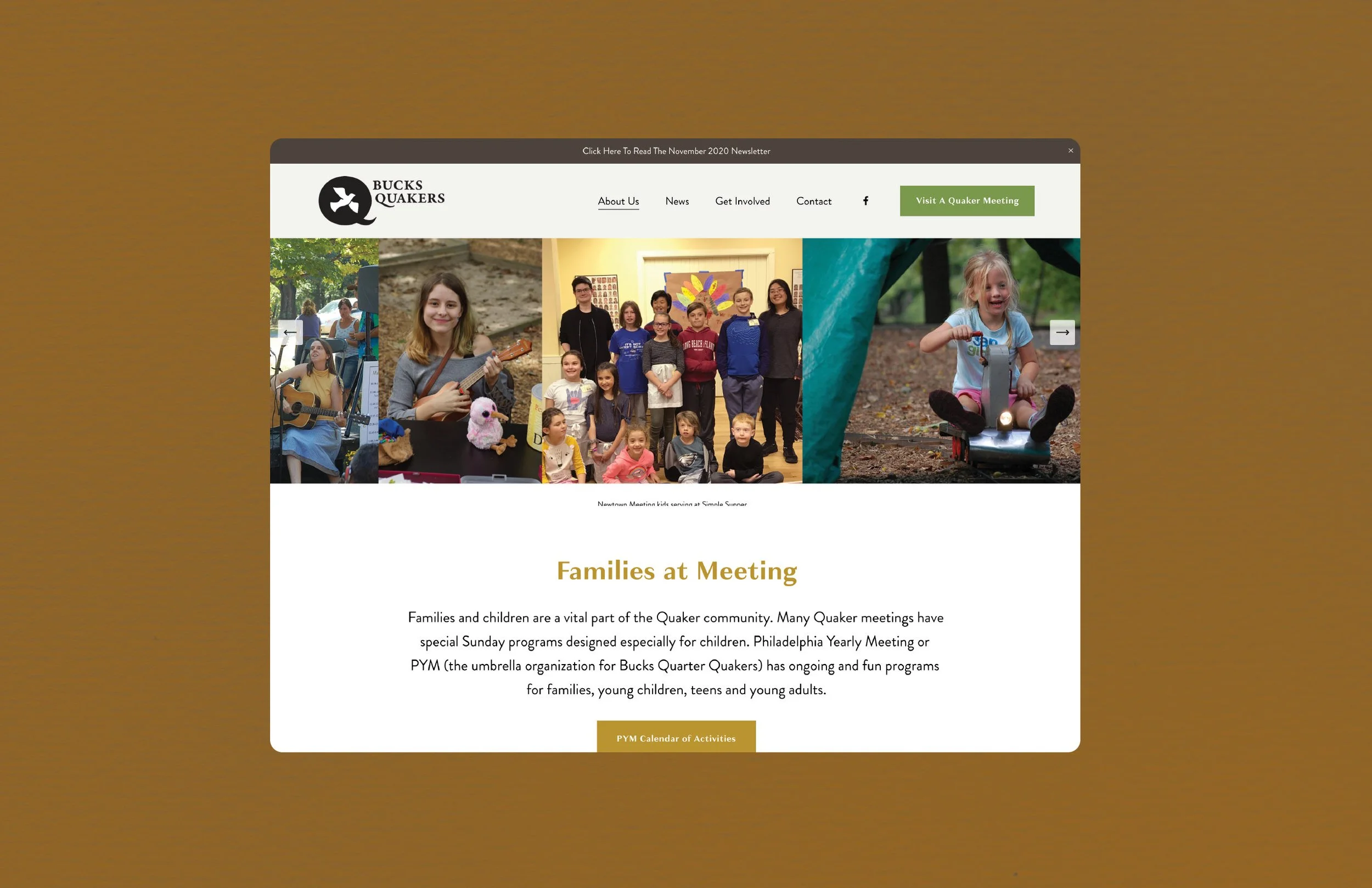Screenshot of the Bucks Quakers website showing a collage of children and adults participating in community activities, with a section titled 'Families at Meeting'.