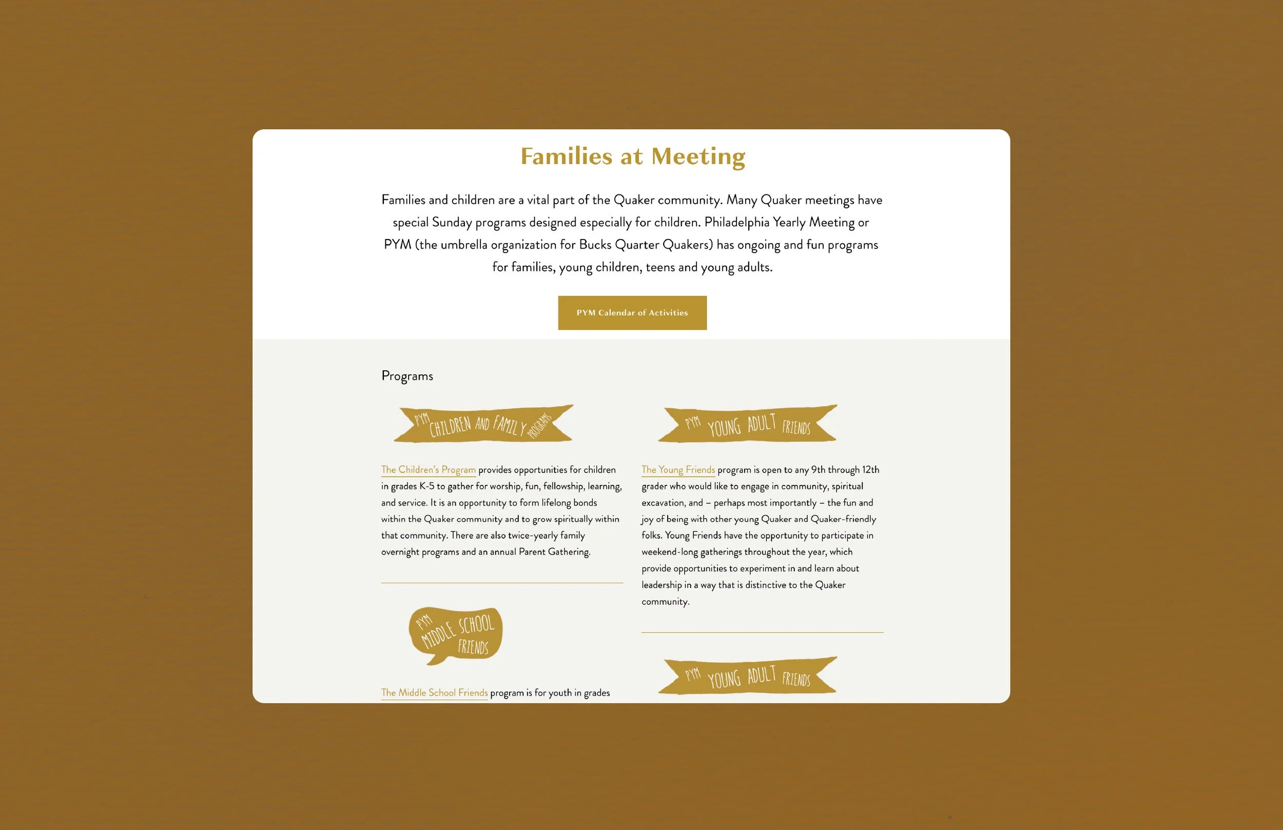Screen of a webpage titled 'Families at Meeting' with text about programs for children and young adults in the Quaker community, including 'Children and Family,' 'Young Adult Friends,' and 'Middle School Friends.' The background has a goldish-brown g