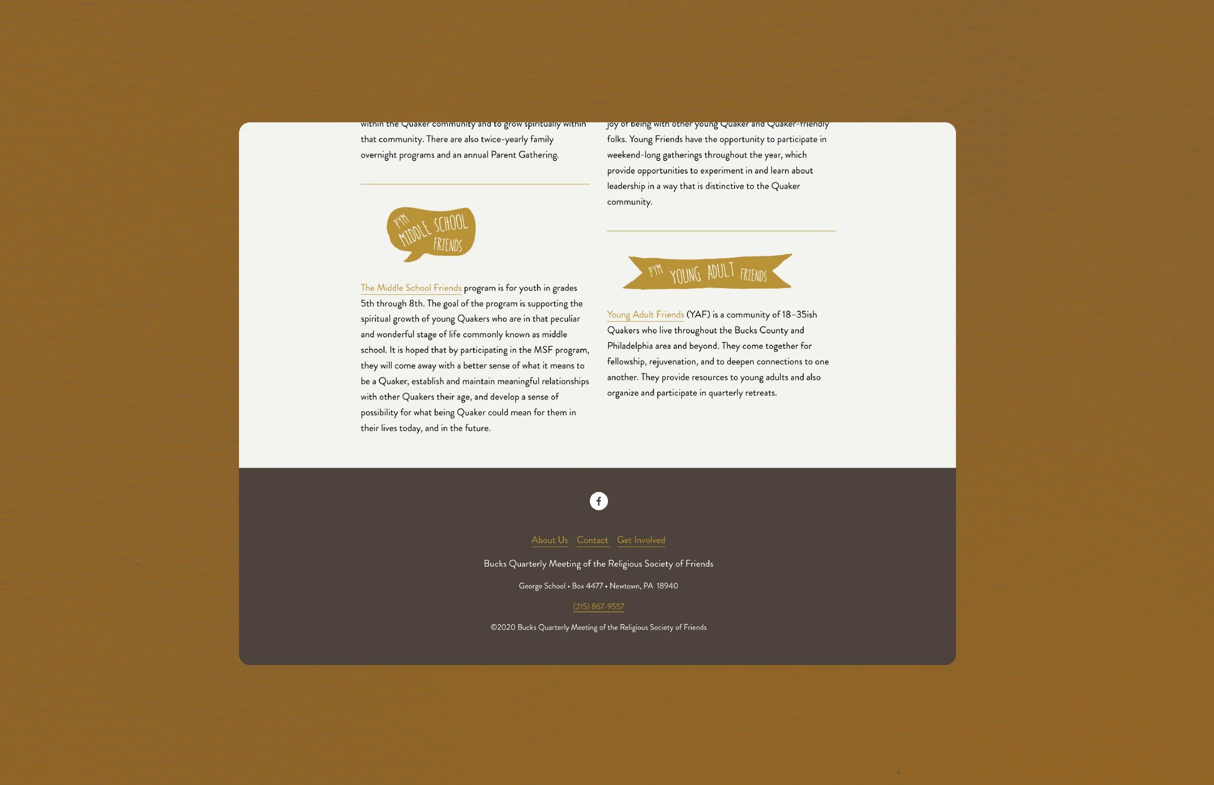 Screenshot of a webpage for Bucks Quarterly Meeting of the Religious Society of Friends, with contact information, about us, and event details.