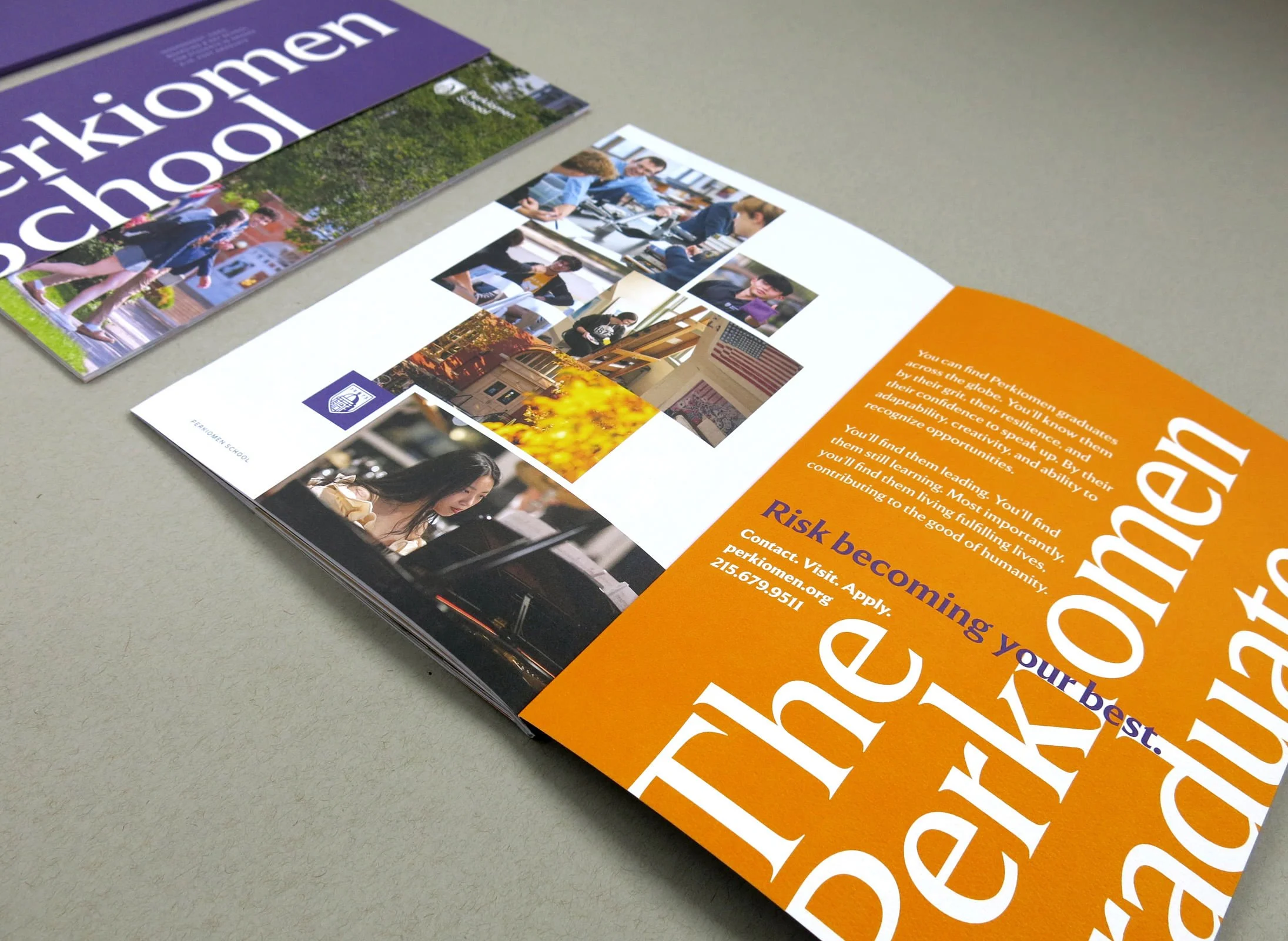 Interior of Perkiomen School viewbook featuring students, bright orange and purple, and large, white typography.