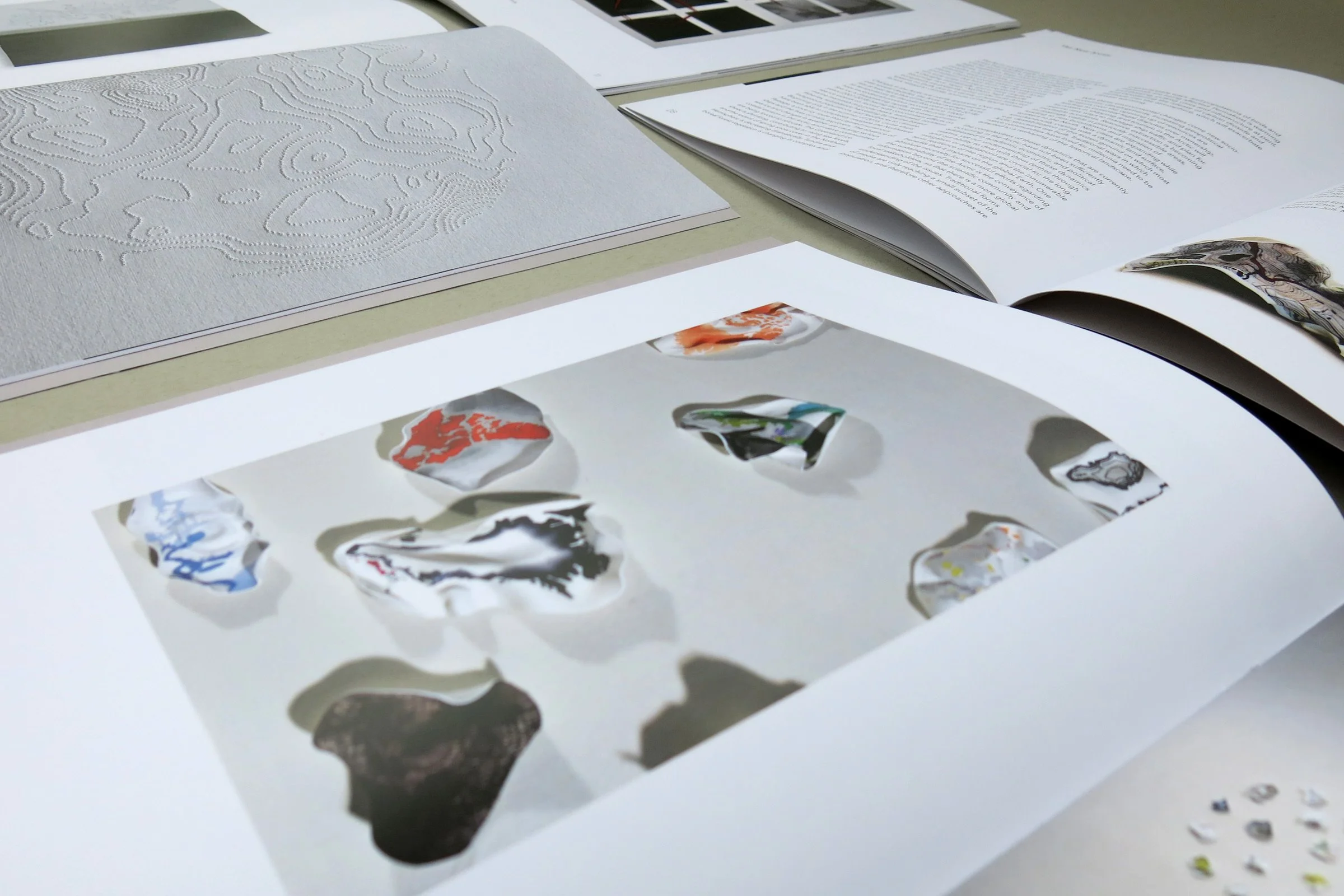 Interior spreads from catalog for UVA Ruffin Gallery show titled A Quick and Tragic Thaw. Artwork is by Yvonne Love and Gabrielle Russomagno of LR Collaborative.