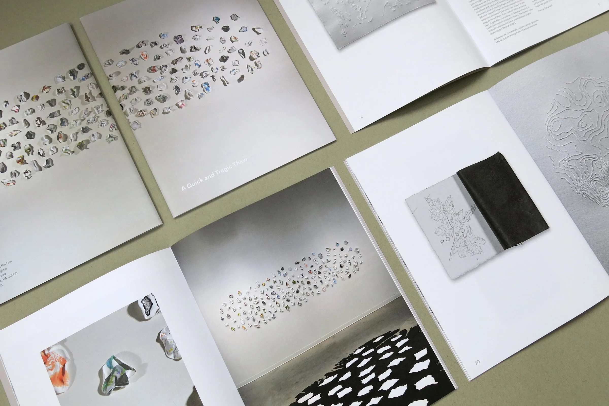 Interior spreads and cover from catalog for UVA Ruffin Gallery show titled A Quick and Tragic Thaw. Artwork is by Yvonne Love and Gabrielle Russomagno of LR Collaborative.