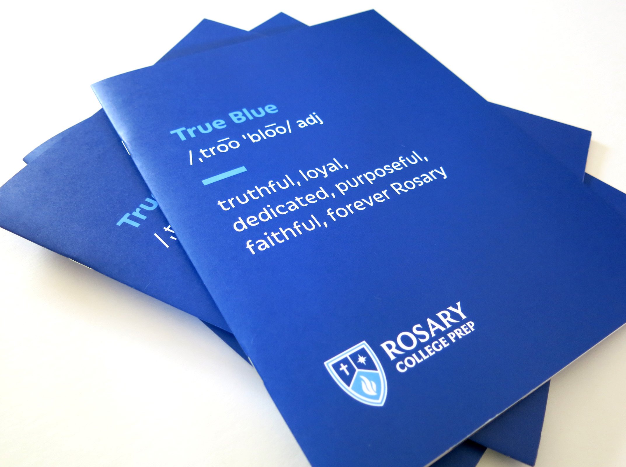 Stack of blue viewbooks for Rosary College Prep.