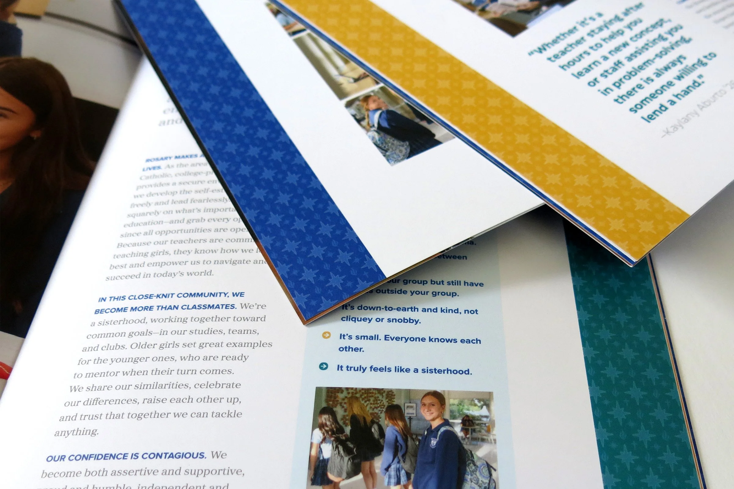 Viewbook interior spreads for Rosary College Prep featuring custom pattern at the edge of the pages.