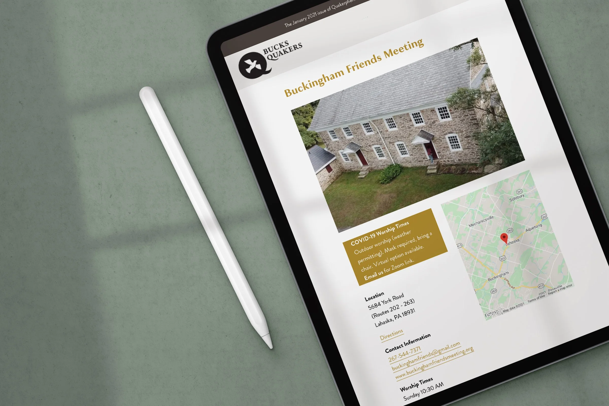 Ipad showing page from Bucks Quarter's website.