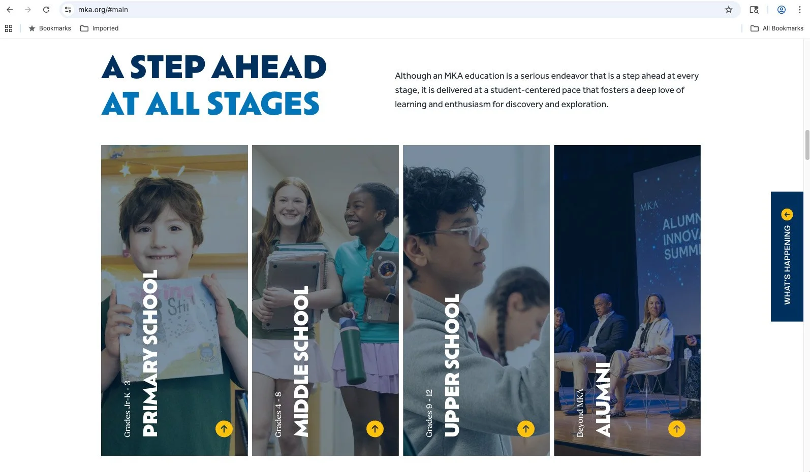 Website home page for Montclair Kimberley Academy featuring components designed by DiGiovine Design and Leapfrog Group.