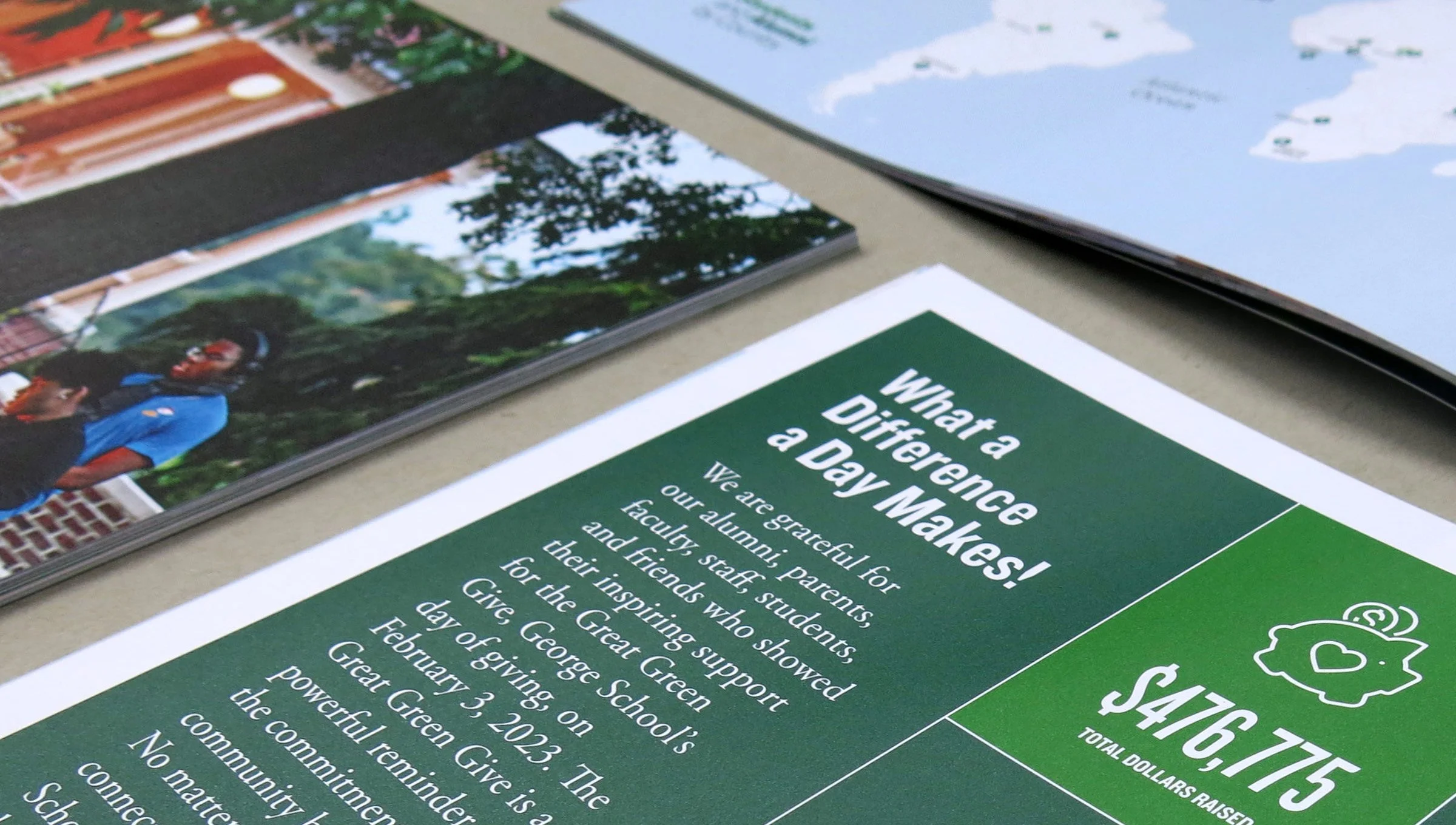 George School Report of Gifts featuring campus photo, map spread, and Great Green Give page.