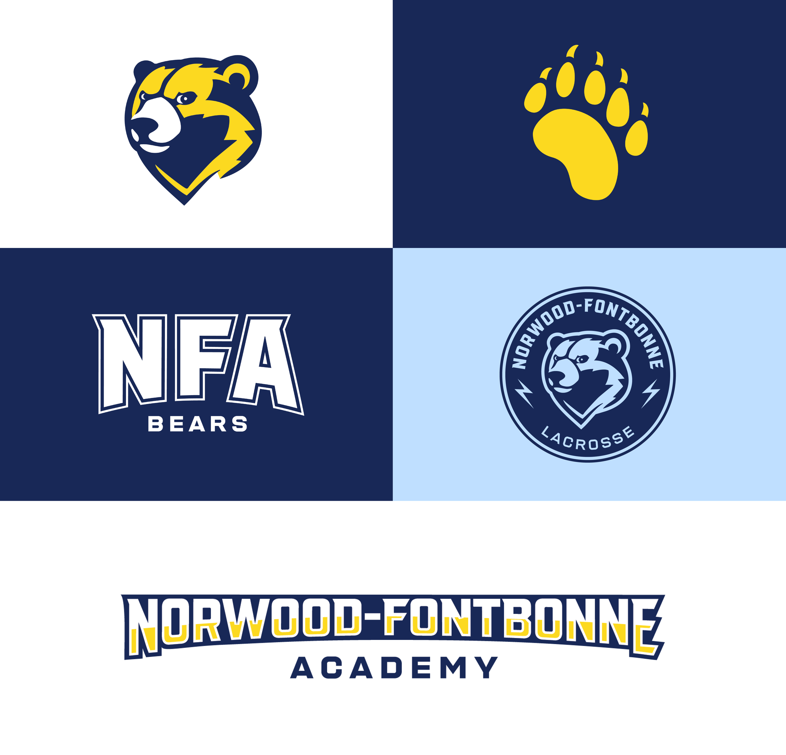 Five graphics for Norwood-Fontbonne Academy athletic brand. Bear symbol, yellow paw print, NFA Bears monogram, circular athletic logo, and wordmark..