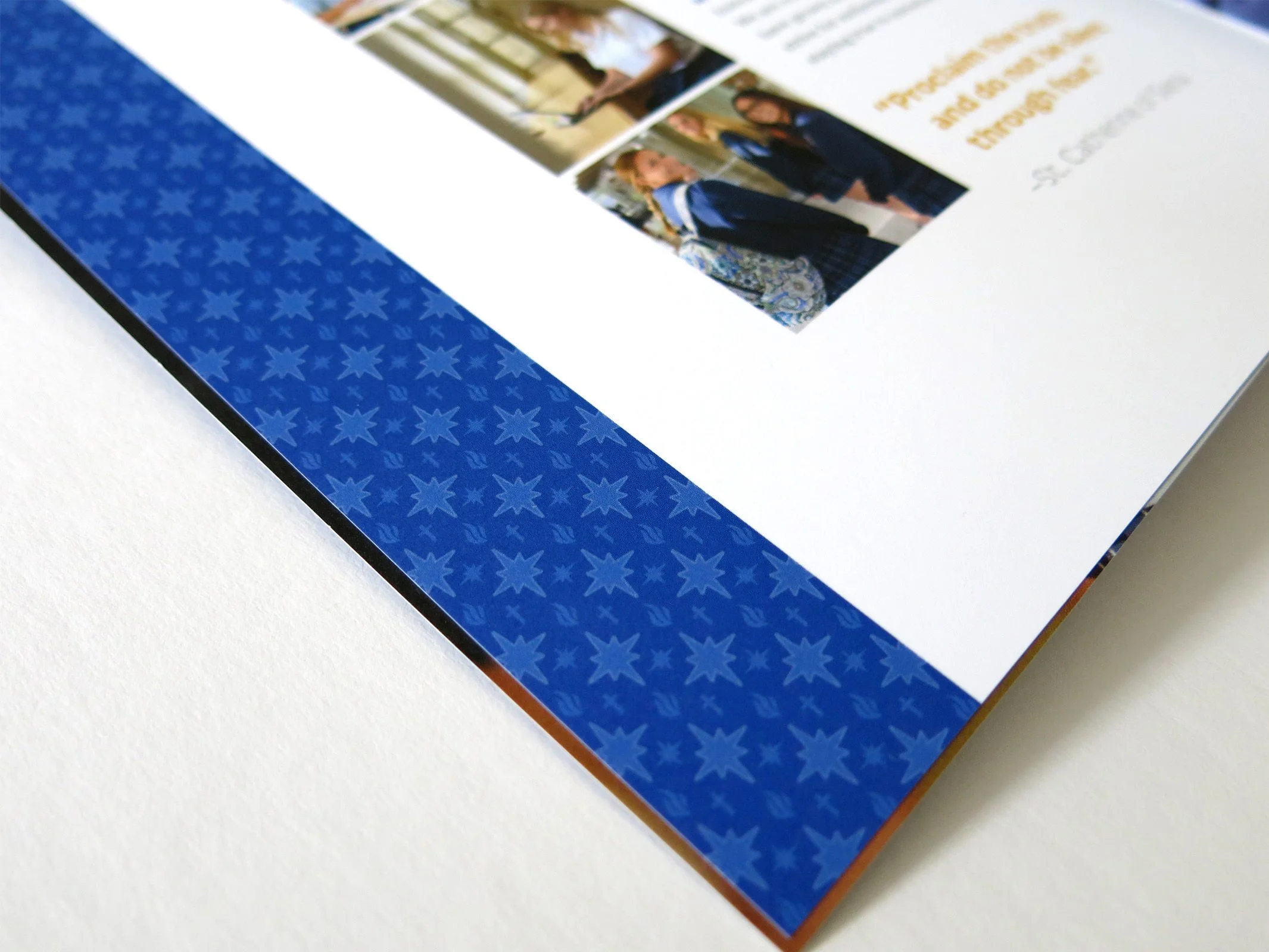 Detail of Rosary College Prep viewbook page with custom pattern.