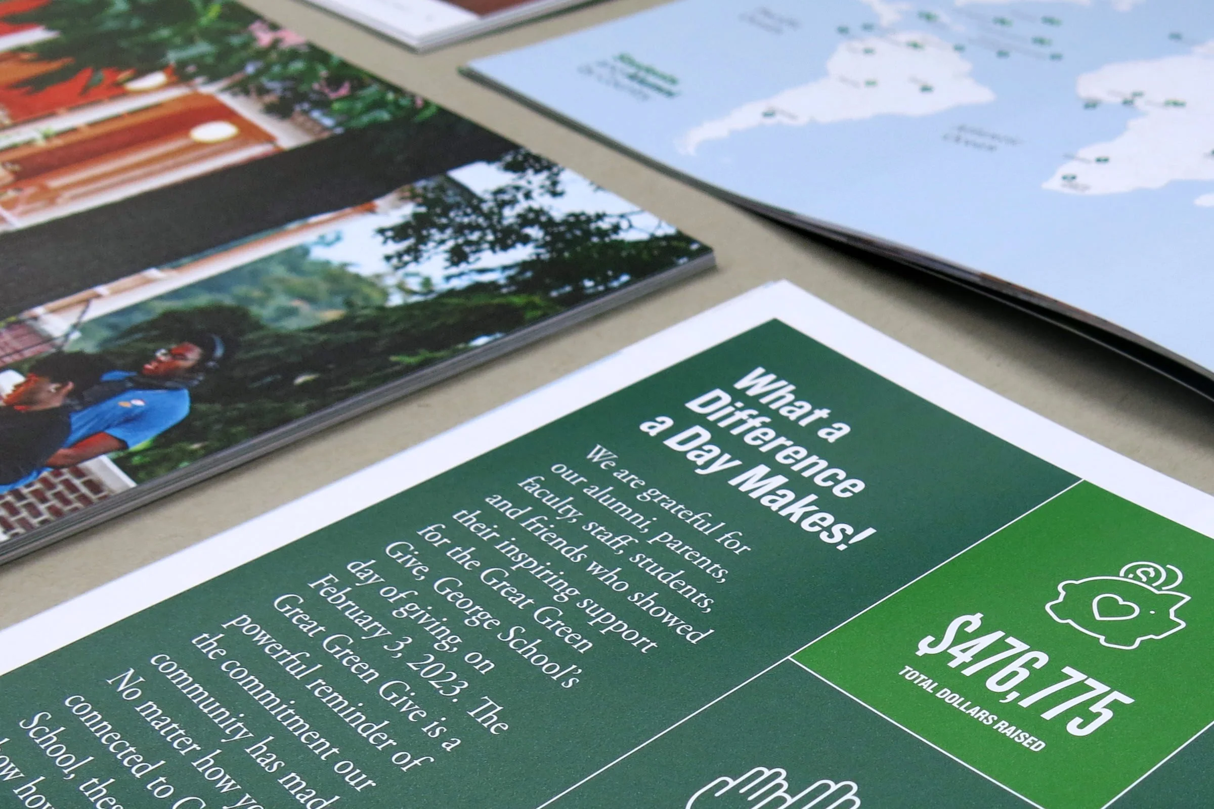George School Report of Gifts featuring campus photo, map spread, and Great Green Give page.