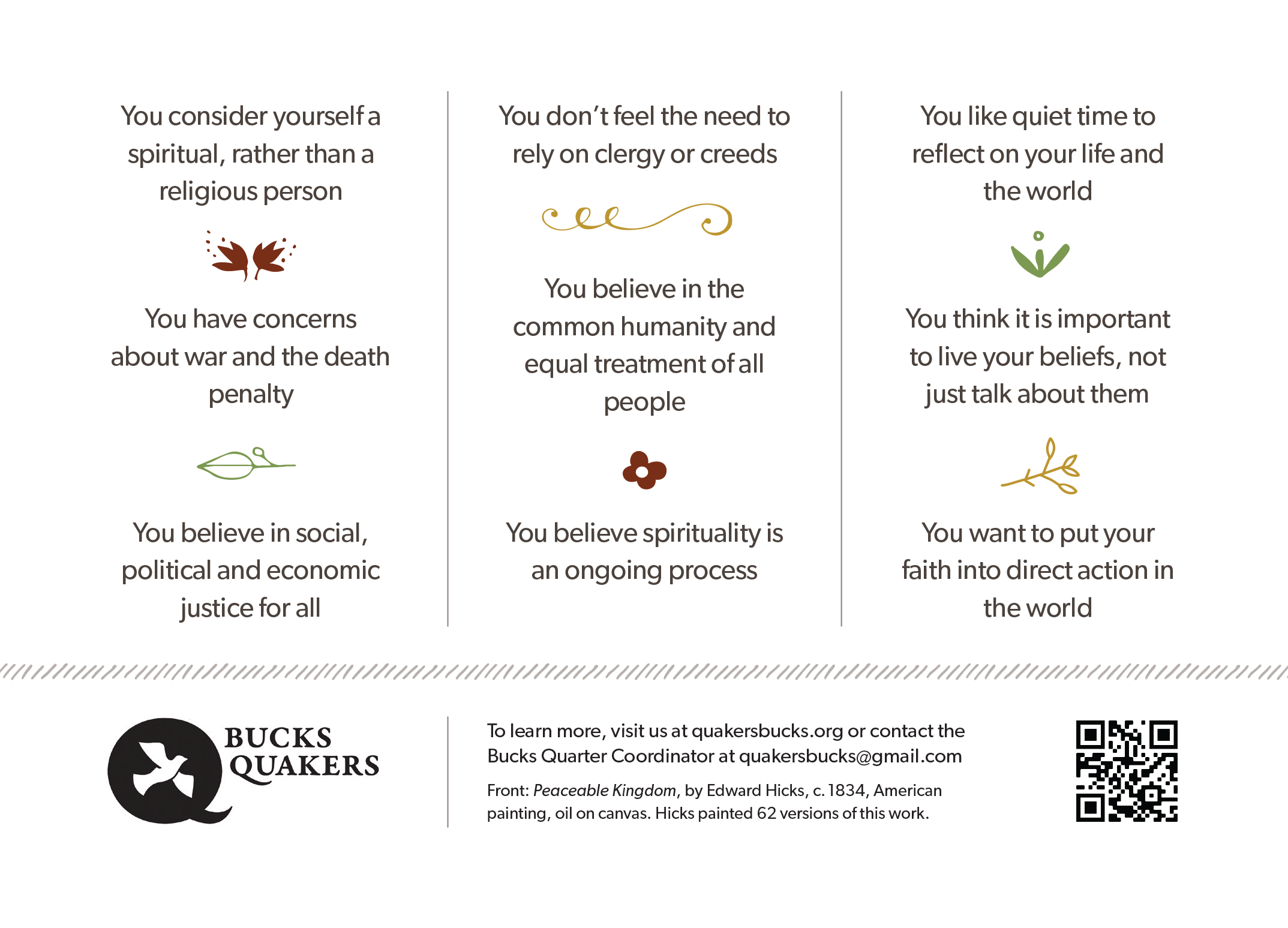 Back of postcard for Bucks Quarter. Postcard features phrases about Quakers, and decorative elements.