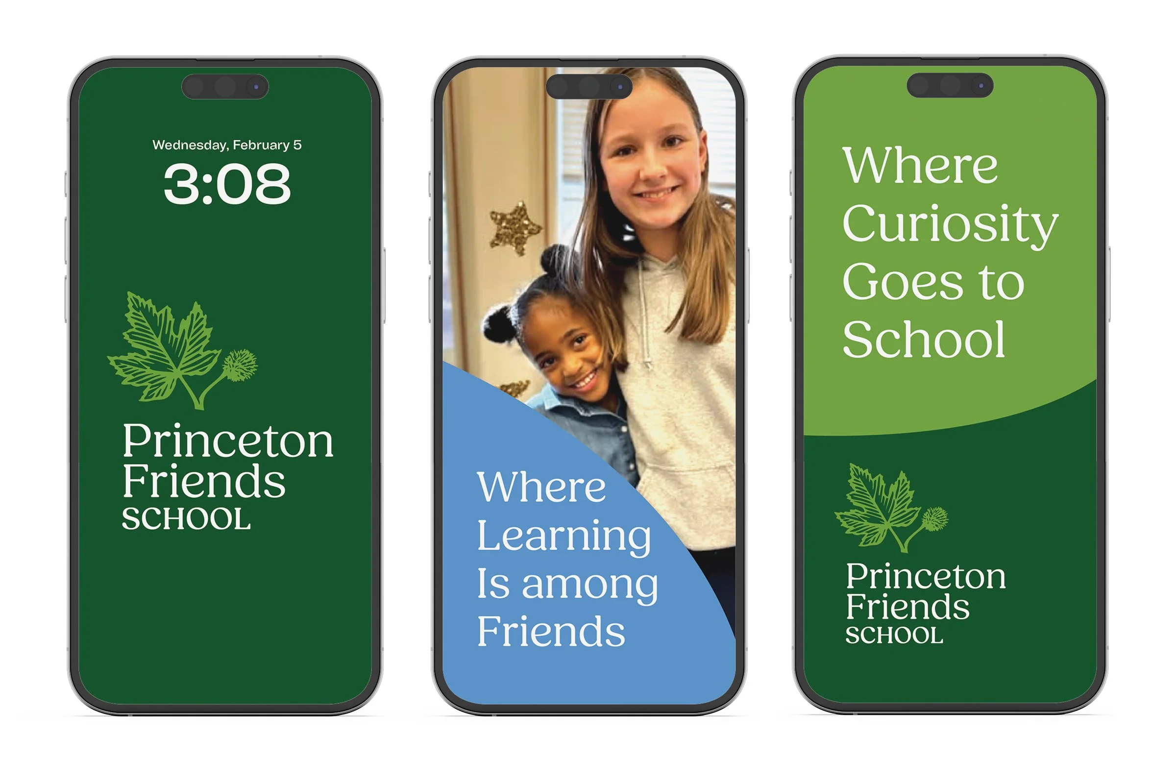 Three cell phone screens showing green background, photo of two girls hugging, and Princeton Friends School logo.