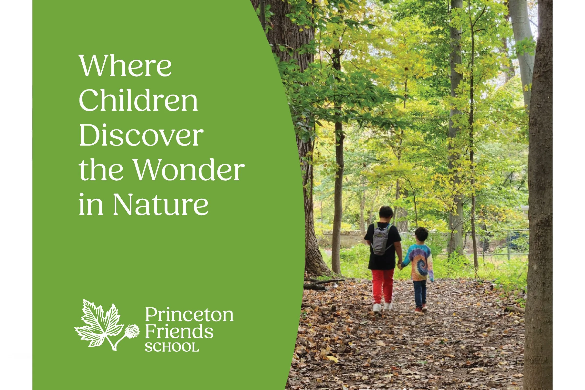 Graphic with left side showing a brand statement for Princeton Friends School, and right side showing two boys walking in the woods.