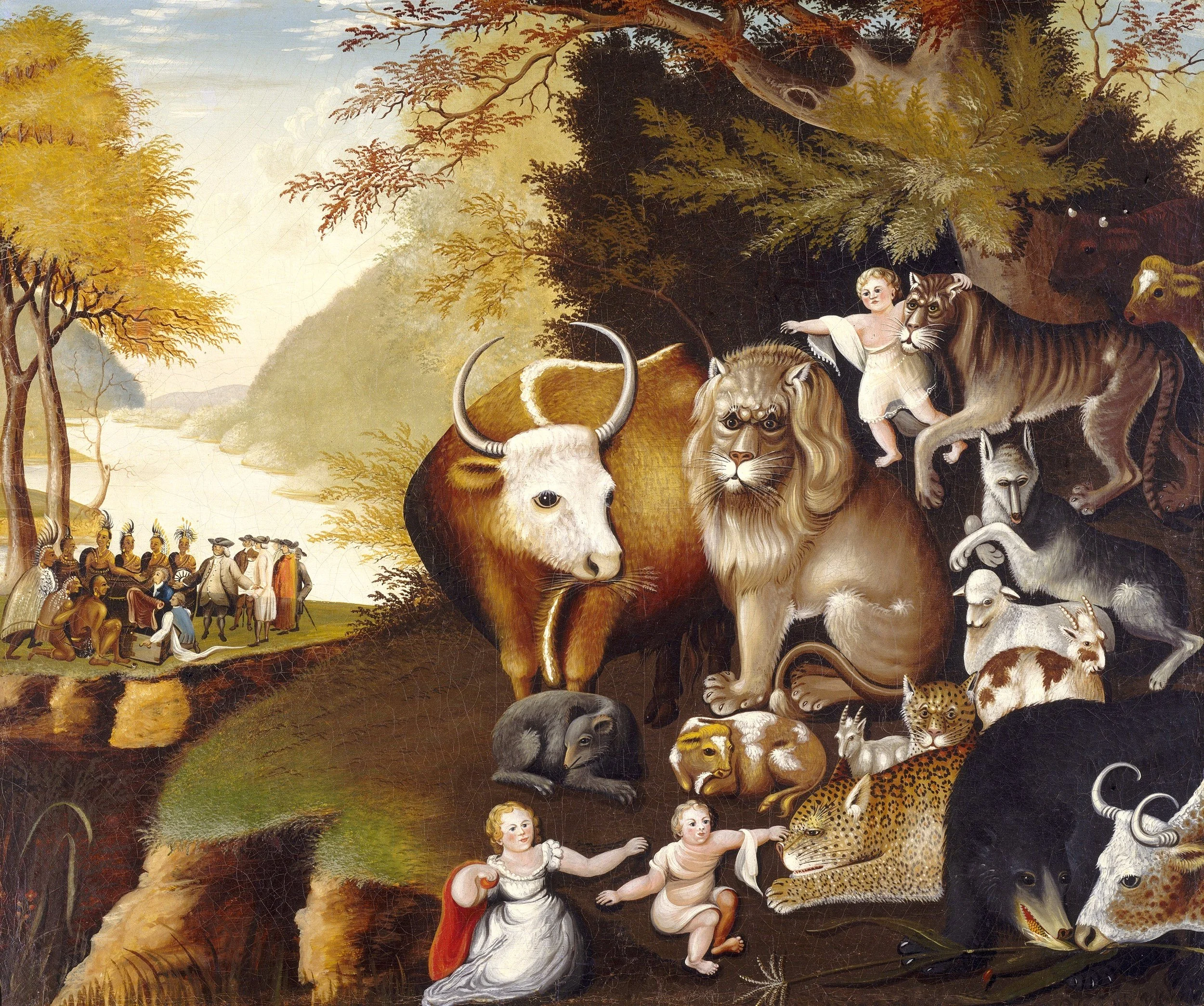 Peaceable Kingdom painting by Edward Hicks with animals and children in foreground and men in background. Painting is featured on postcard designed for Bucks Quarter.