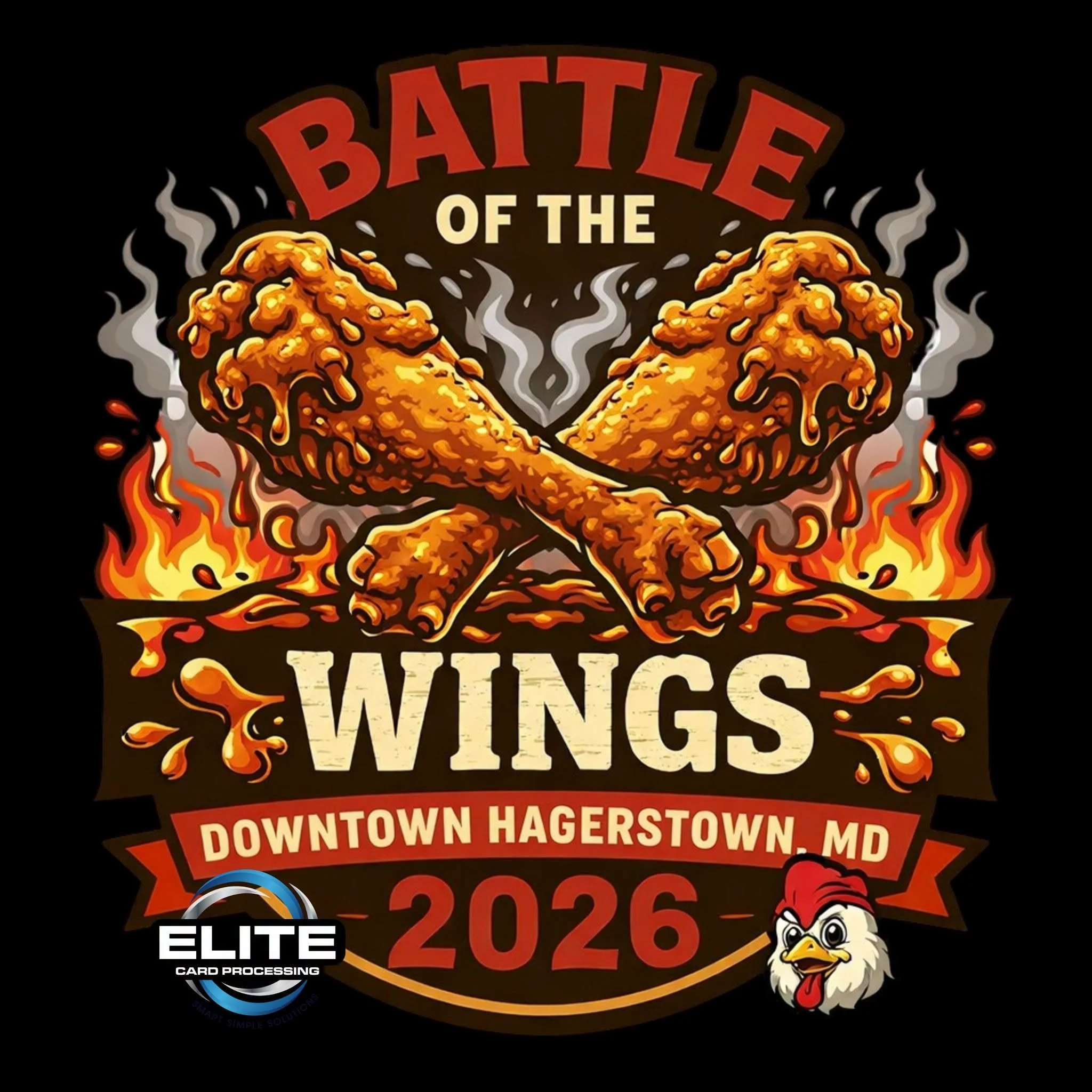 Illustrative criss crossed chicken wings on a black background, promoting the battle of the wings in hagerstown maryland
