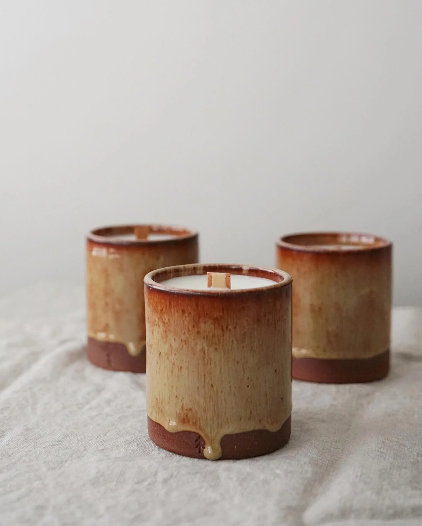 Wooden wick candles in drippy brown glaze 🕯️ 

Still learning how to work with this glaze. If applied too thickly, it&rsquo;ll run during firing and fuse onto the kiln shelves. If this happens, the piece will have to be chiseled off the shelf, ultim