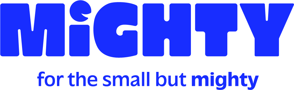 Image with the word "MIGHTY" in large blue letters and a subtitle "for the small but mighty" in smaller blue font.