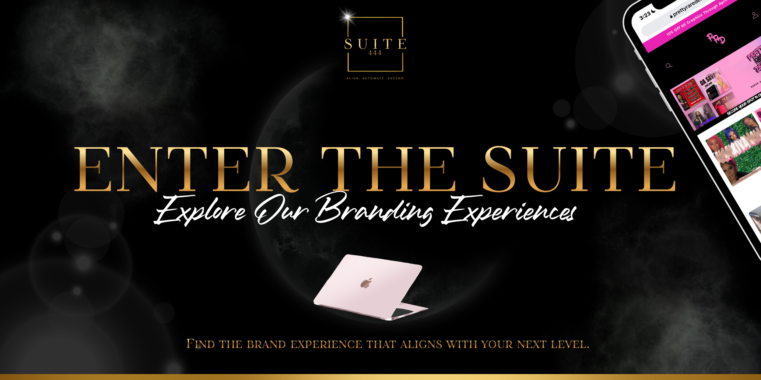A promotional graphic for 'Enter the Suite,' with the tagline 'Explore Our Branding Experiences,' featuring a black background, gold and white text, a logo for 'Suite 444,' and images of a laptop and a mobile device displaying digital content.