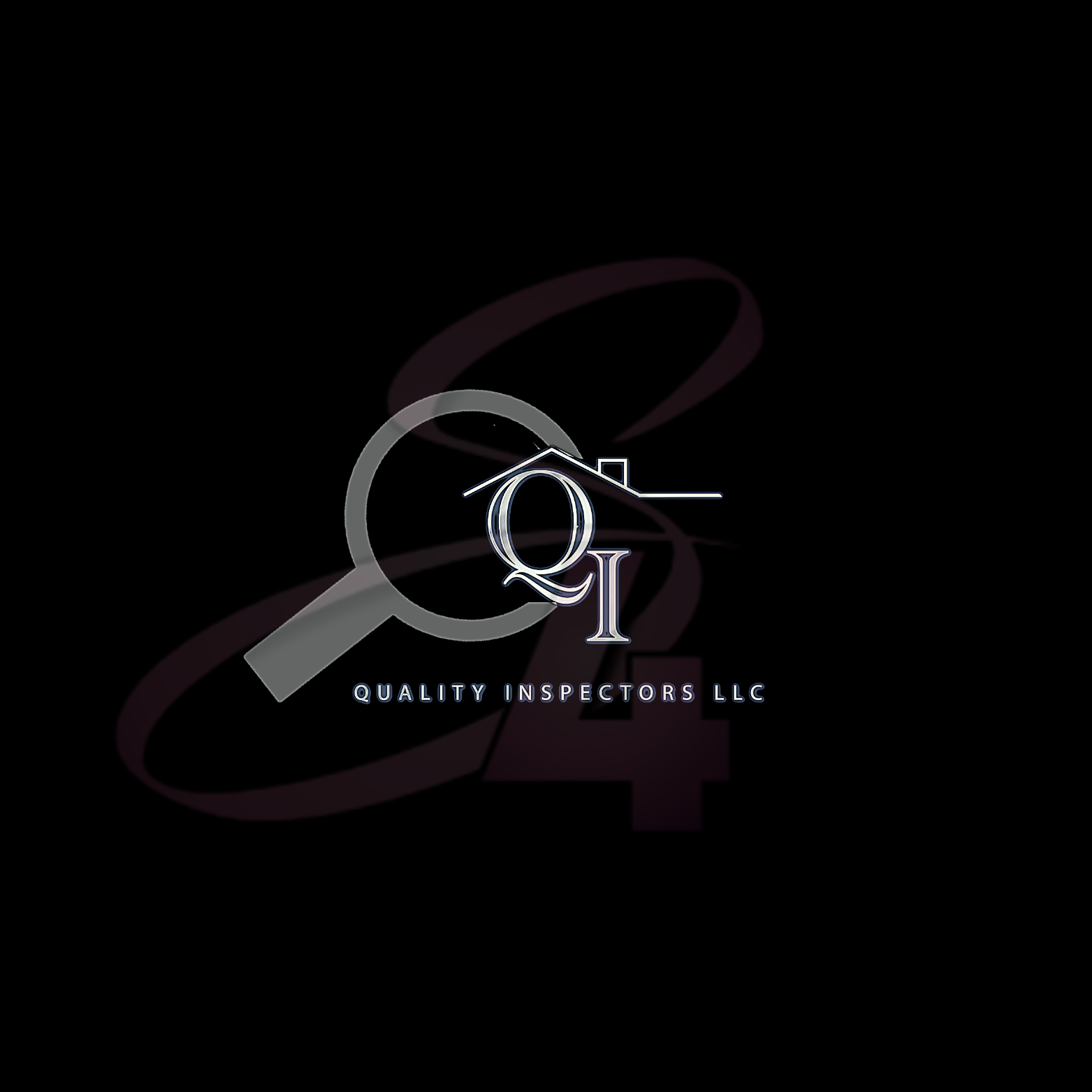 Logo for Quality Inspectors LLC featuring a magnifying glass over the letter Q, with a house roofline integrated into the design, on a black background.