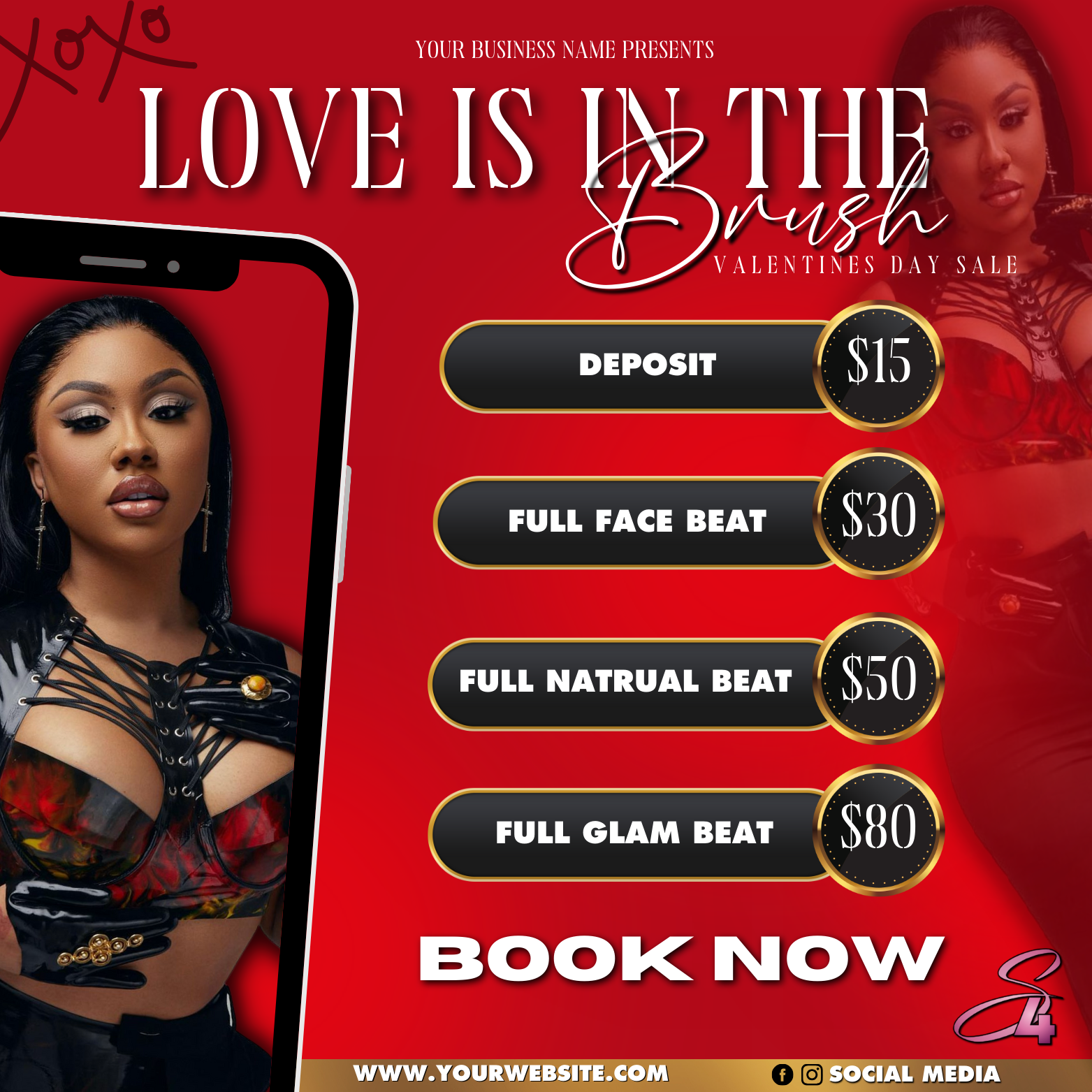 Red promotional poster advertising a Valentine's Day sale for a beauty or salon business. Features images of women with makeup and fashion, prices for various facial treatments, and placeholders for business name, website, and social media.