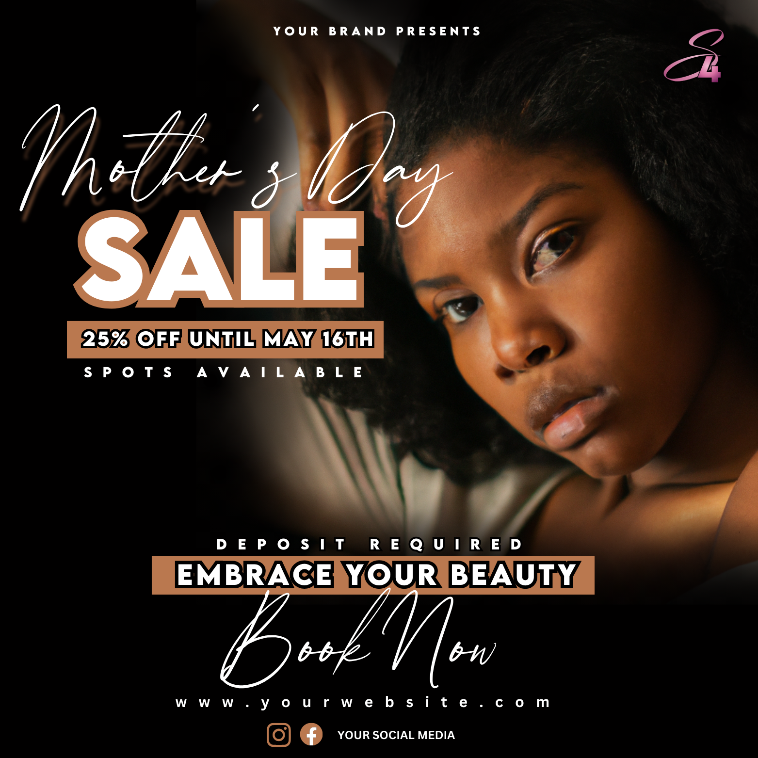 A promotional flyer for a Mother's Day sale featuring a close-up image of a woman with dark, curly hair, looking thoughtfully into the distance. The flyer advertises 25% off until May 16th, with spots available, and encourages booking now by visiting the website. It also mentions deposit requirements and emphasizes embracing beauty.