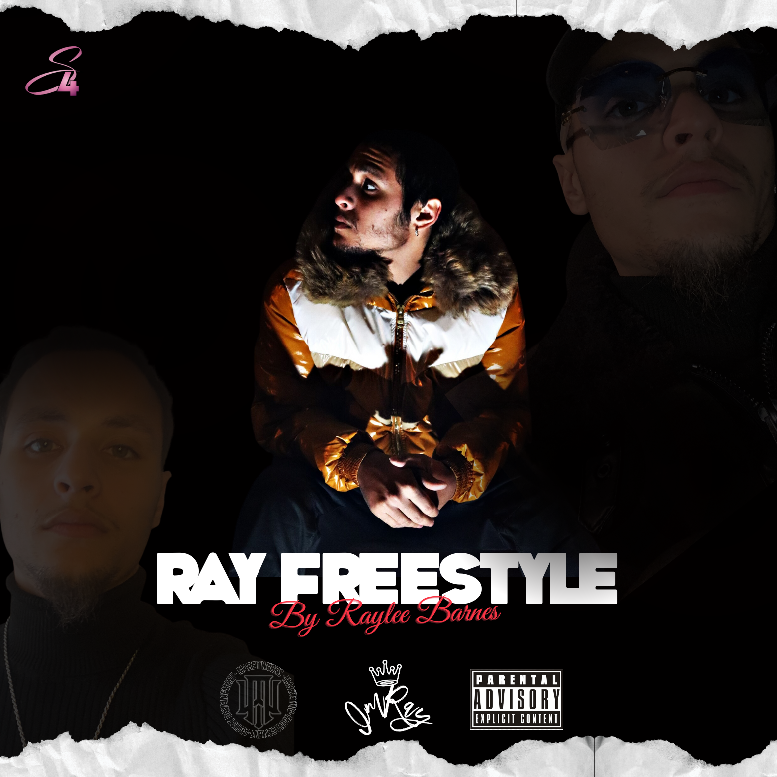 Music album cover titled "Ray Freestyle" by Raylee Barnes featuring three men, one in dark clothing with a fur-lined jacket, the other two partially visible, with dark backgrounds and text including parental advisory, signatures, and logos.
