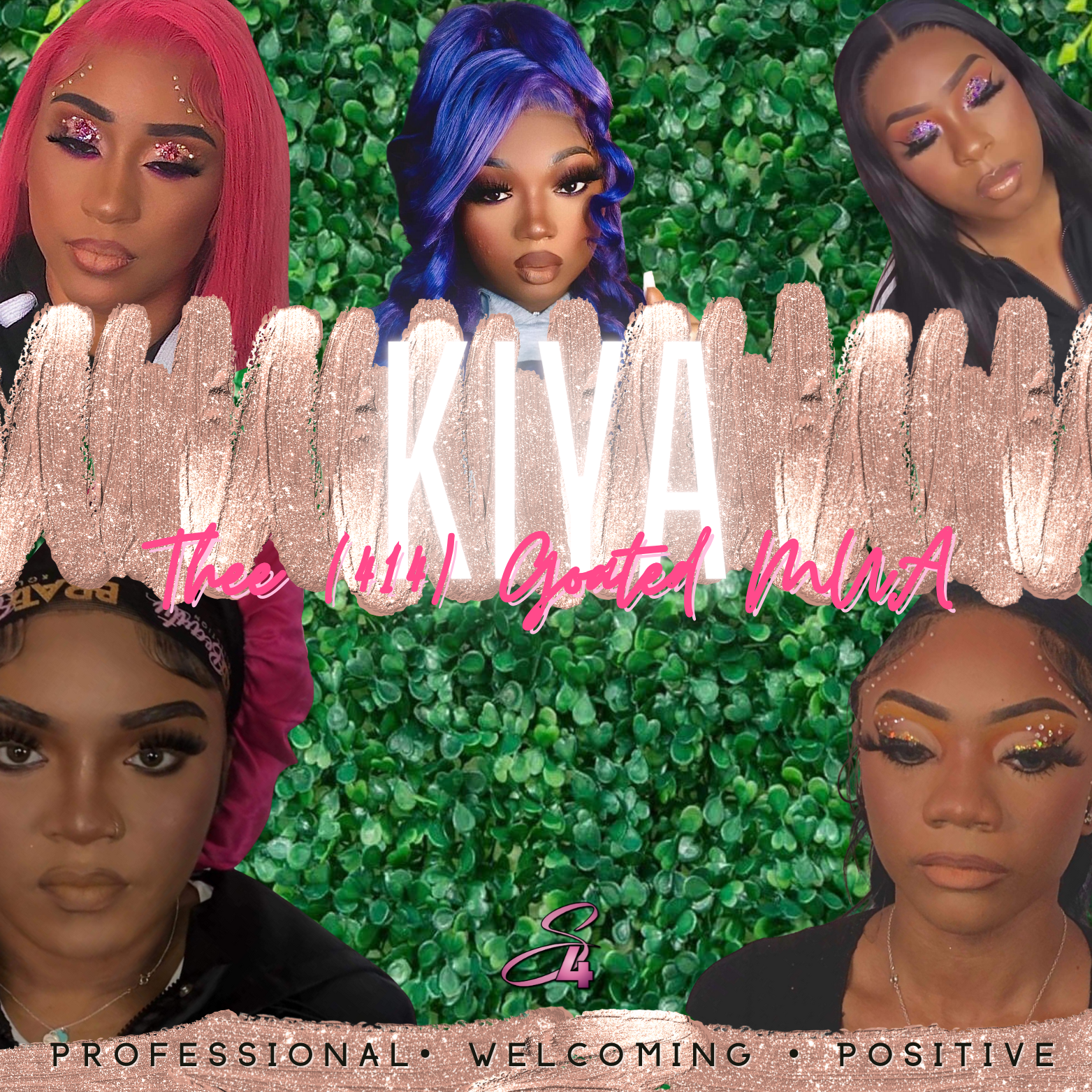 Collage featuring three women with colorful makeup and hairstyles, green leafy background, text overlay reading 'KIVA' and 'The (414) Ghetto MUA,' and decorative elements.