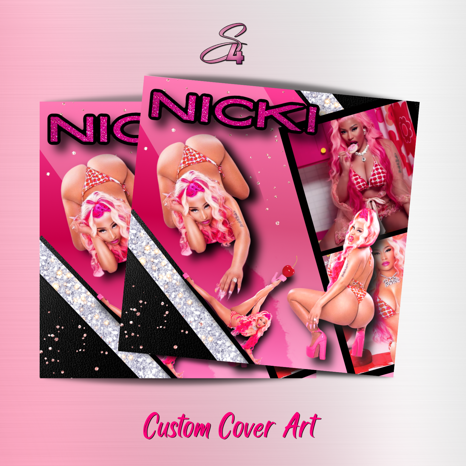 A preview of custom cover art featuring a woman with pink hair in various poses, dressed in red and white polka dot clothing, holding a lollipop and a cherry, with sparkling and glittery design elements. The text 'Nicki' appears at the top in bold, pink glitter font, and 'Custom Cover Art' is written at the bottom in pink cursive font.