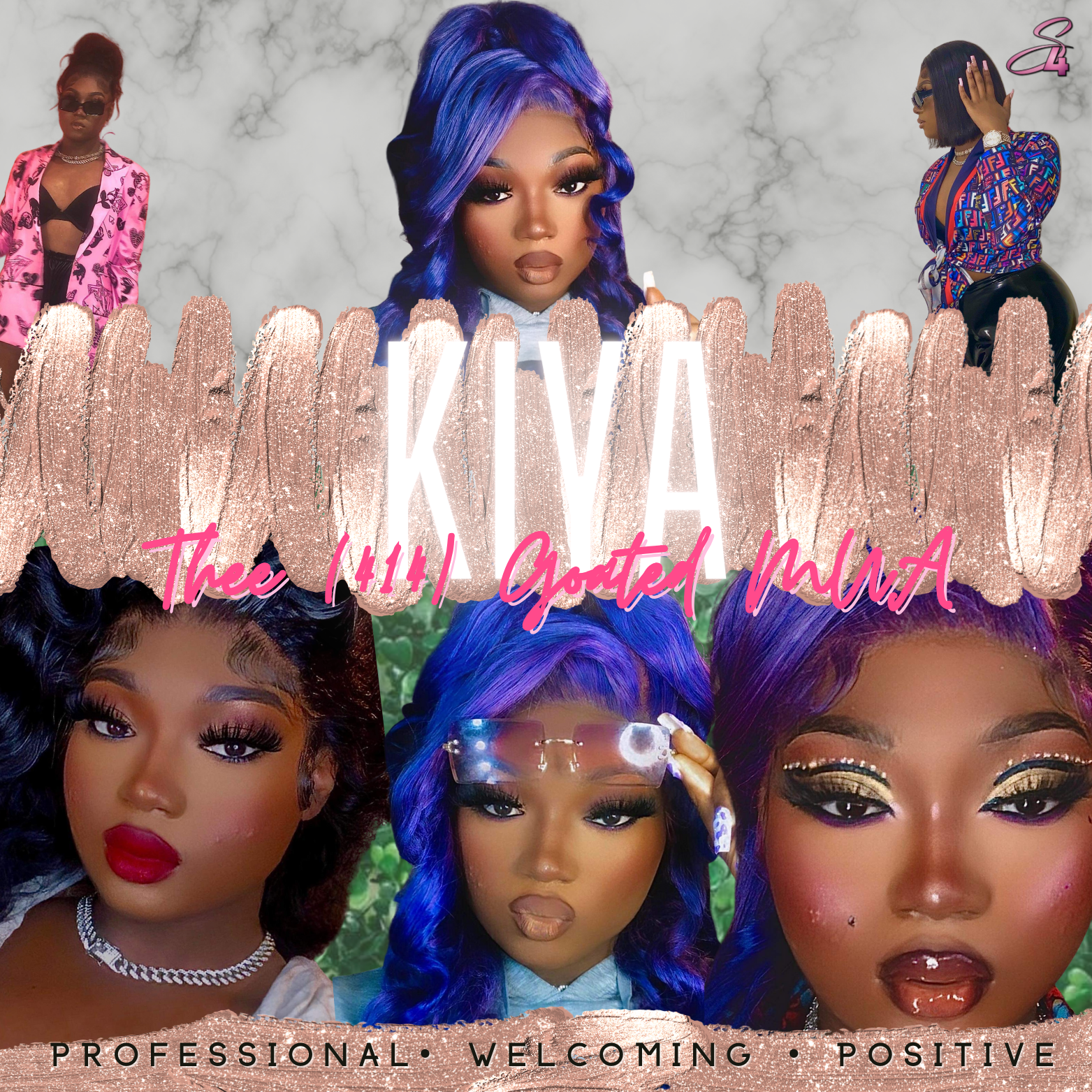 Collage of four women with vibrant hairstyles and makeup, posing against a marble background. The central woman has purple hair, accentuated by bold makeup. The surrounding women display different hairstyles and fashion styles. There is stylized text in pink and white, and a professional, feminist theme emphasized by words like 'professional,' 'welcoming,' and 'positive' at the bottom.