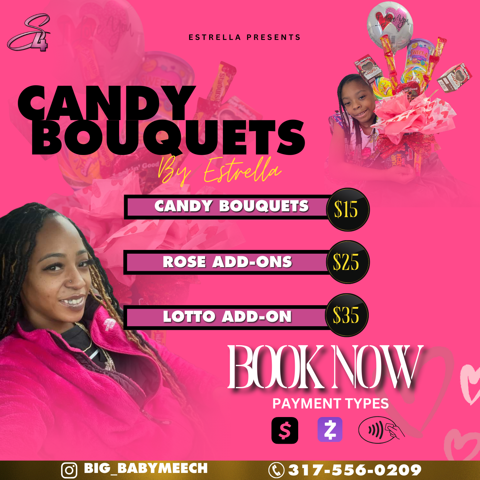 Pink advertisement for Candy Bouquets by Estrella, featuring a girl holding a colorful candy arrangement with balloons and text about booking and payment options.
