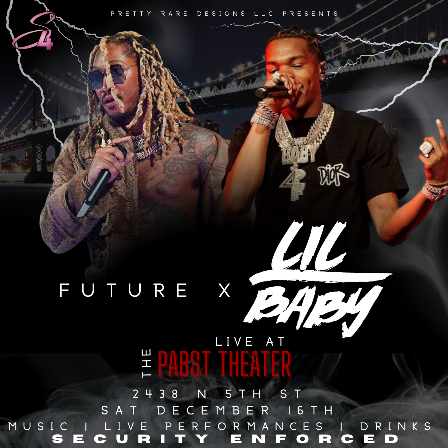 Event poster featuring two hip-hop artists, Lil Baby and Future, titled 'The Future x Lil Baby Live at The Pabst Theater.' The background shows lightning and a bridge. Event details include date, time, venue location, and mentions music, live performances, drinks, security, and security enforced.