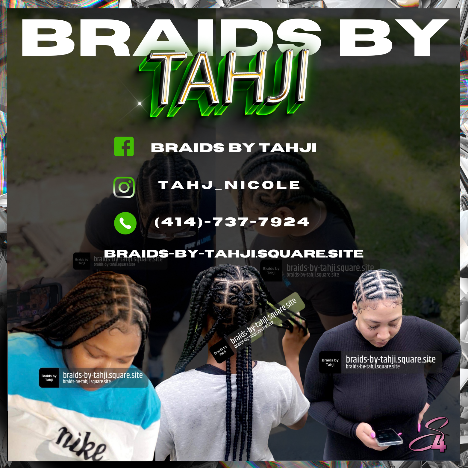 Group of women with braided hairstyles gathered outdoors, with text overlay promoting "Braids by Tahji" and social media/contact information