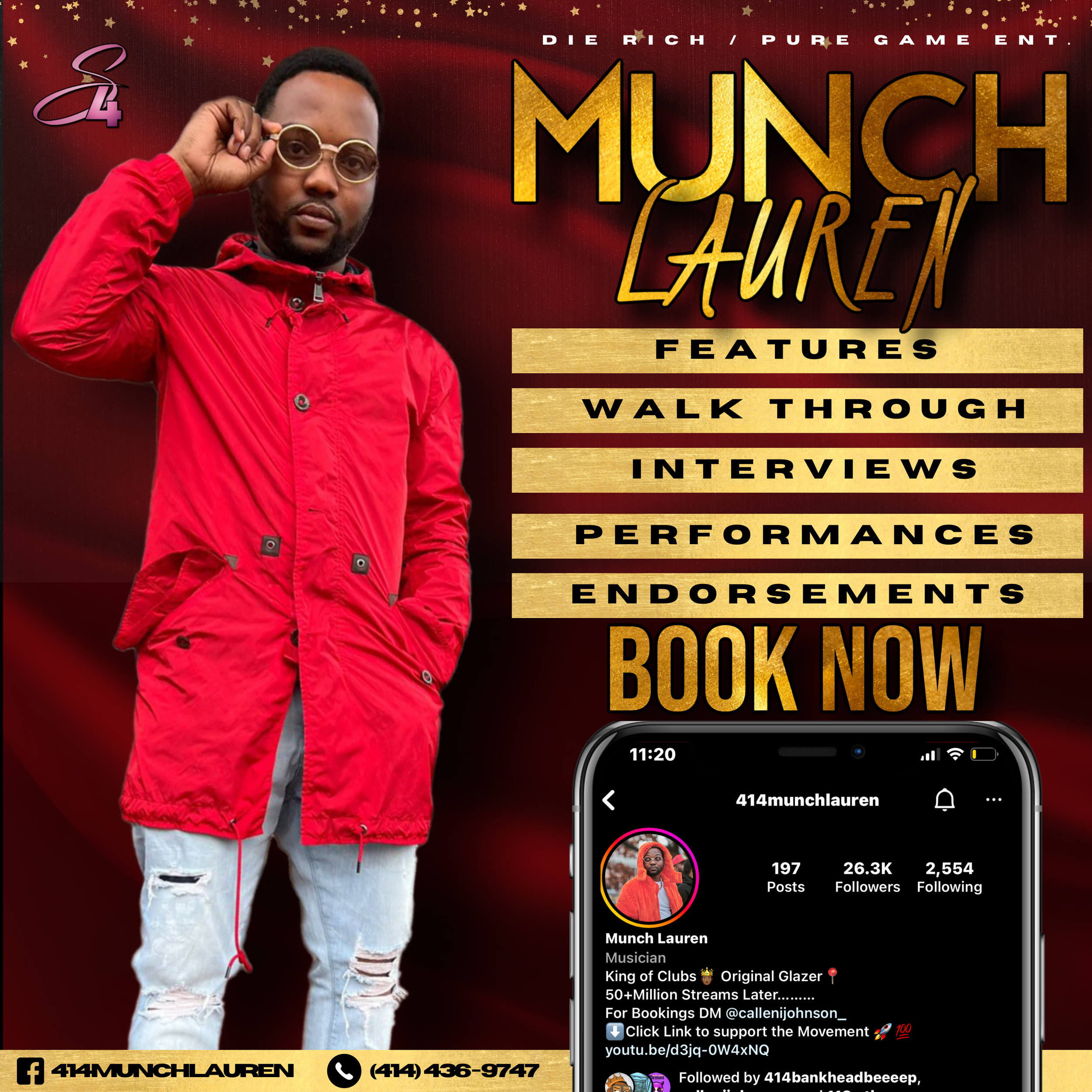 A man with dark skin wearing a red jacket and ripped white jeans, holding sunglasses, standing in front of a red background with gold star pattern, with text and social media information overlaid.