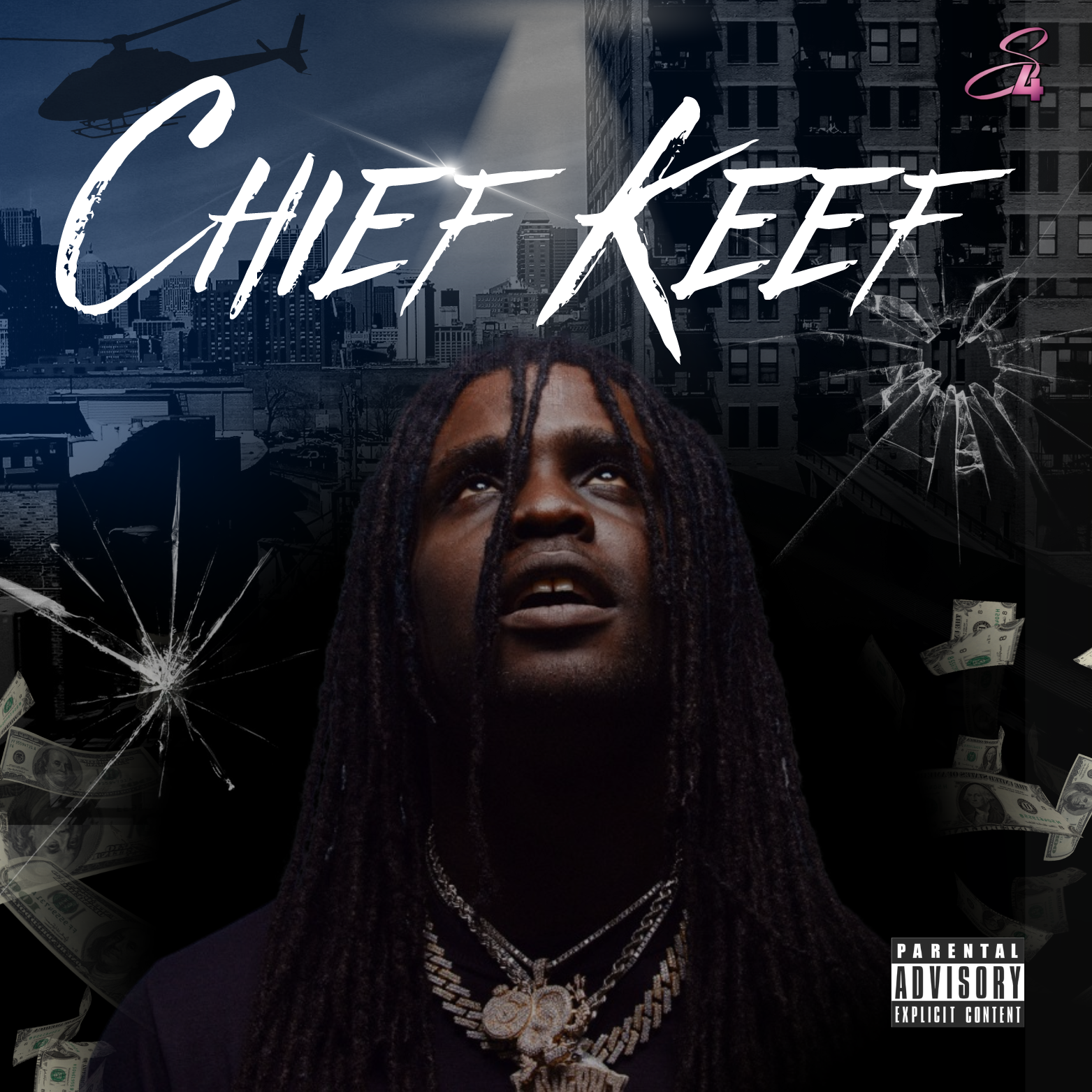 The image features a young man with long dreadlocks wearing chains and jewelry, set against a cityscape background. Several shattered glass effects and flying dollar bills are also depicted, with a helicopter flying in the cloudy sky. The text 'Chief Keef' appears prominently in a stylized handwritten font across the upper part of the image. There is also a parental advisory label in the bottom right corner.