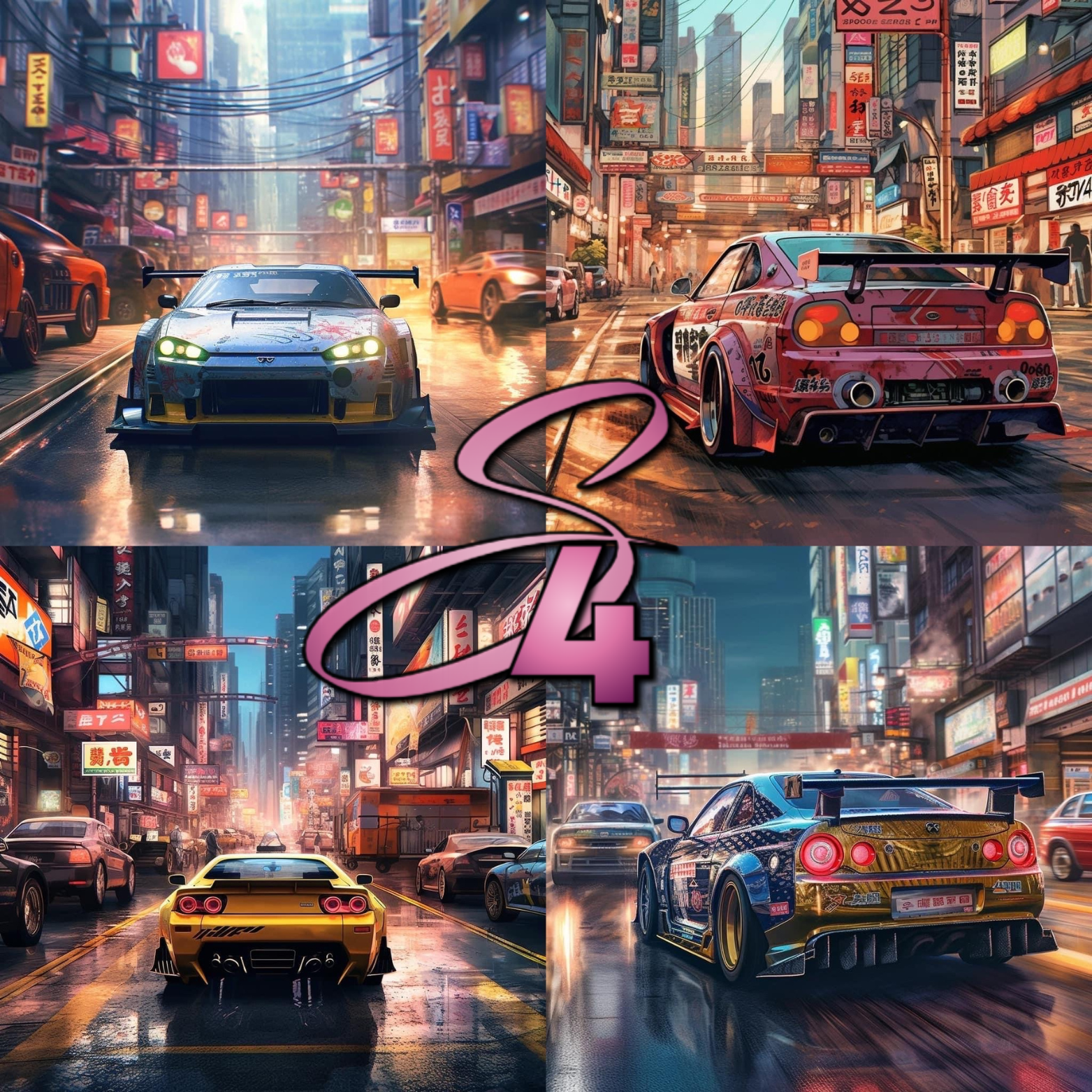 A digital collage of four scenes in a neon-lit city, featuring racing cars on urban streets surrounded by tall buildings with Asian-style signs and advertisements, with the number 4 in pink overlaid in the center.