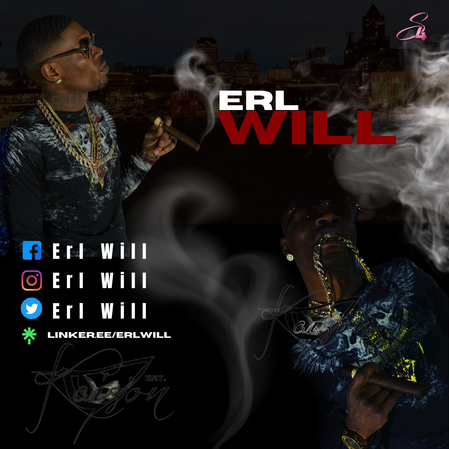 Promotional graphic of a man named Erl Will smoking a cigar, with dark city skyline in the background, displaying his social media handles and logo for Erl Will. He has jewelry, sunglasses, and is wearing a printed shirt.
