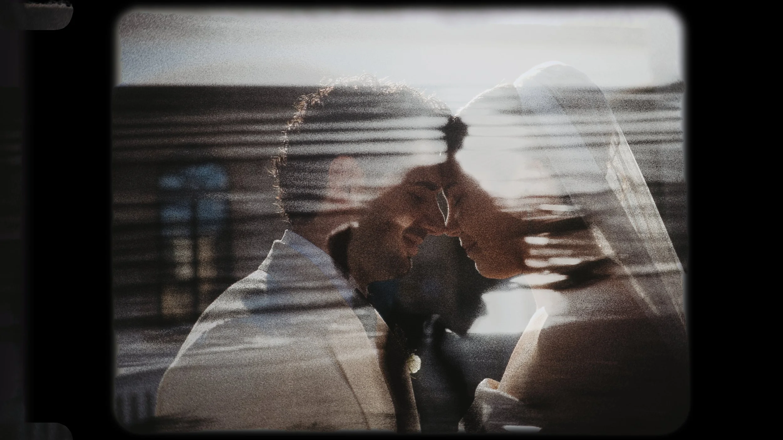 Vintage film frame double exposure of Evgenia and Geri after their wedding ceremony in Larnaca, Red Lens Films