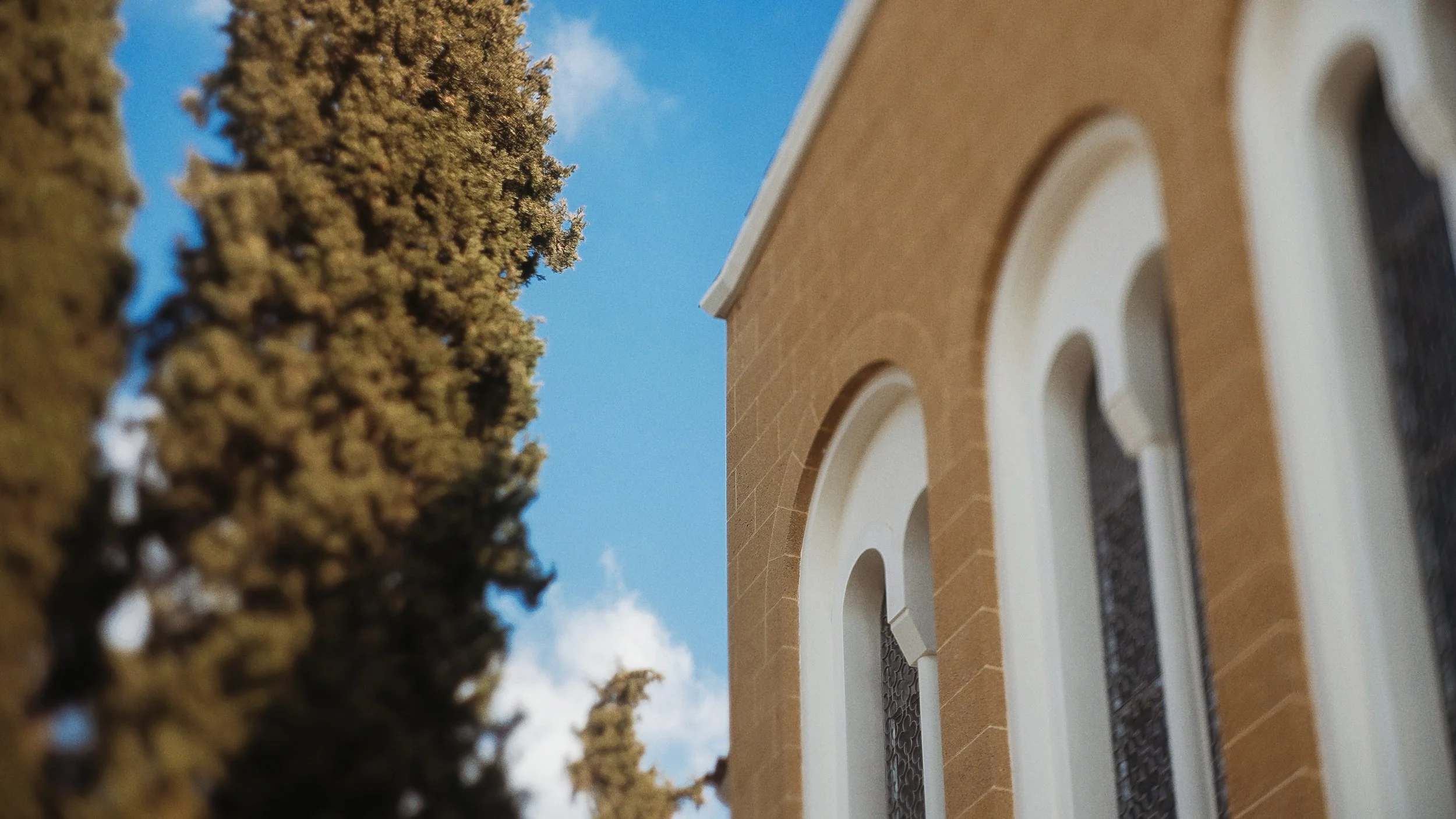 Stone arch and cypress tree detail at Ayioi Omoloyites church, Nicosia Cyprus, Red Lens Films