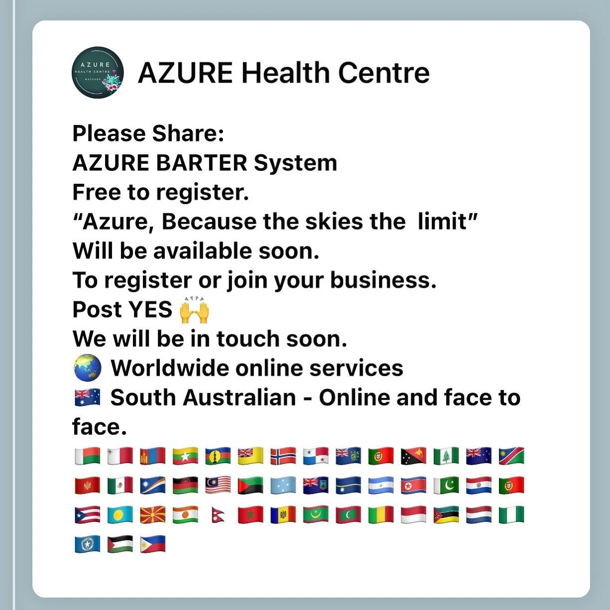 Join the Barter Train with AZURE Barter. 

Please share
