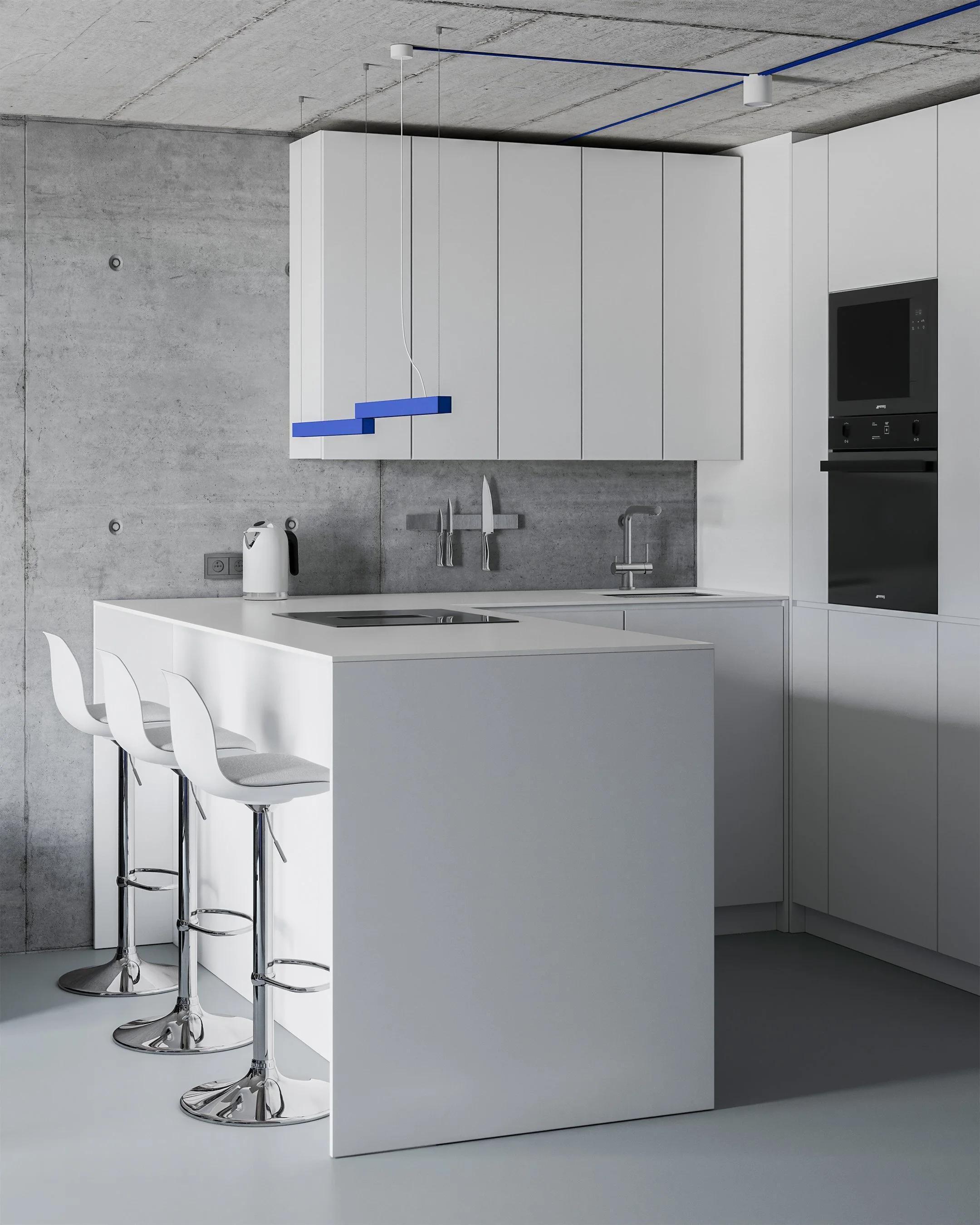 Projekt wnętrza w stylu minimalistycznym - mikrocement, stal, biel. EMTE studio, Bydgoszcz