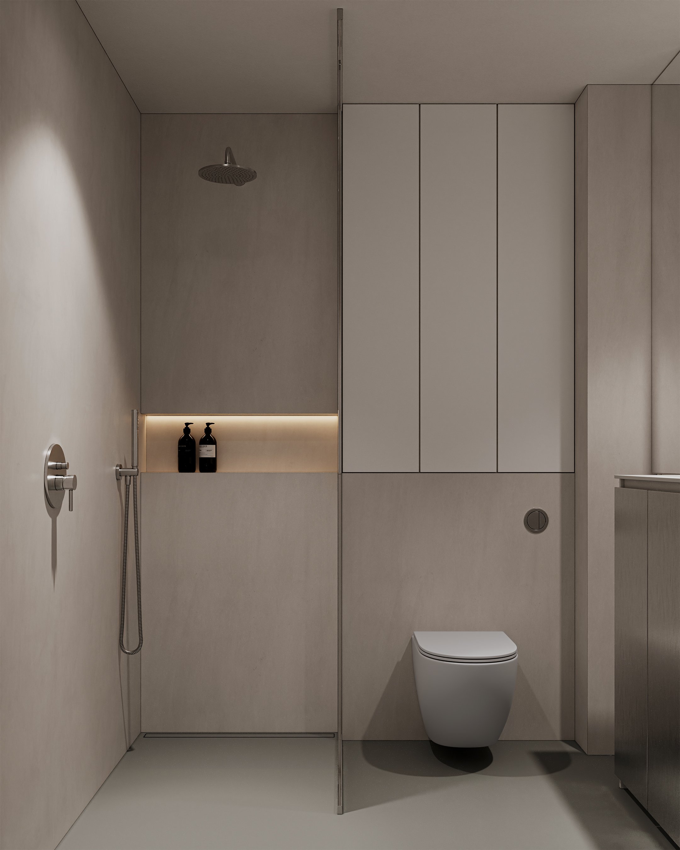 Projekt wnętrza w stylu minimalistycznym - mikrocement, stal, biel. EMTE studio, Bydgoszcz